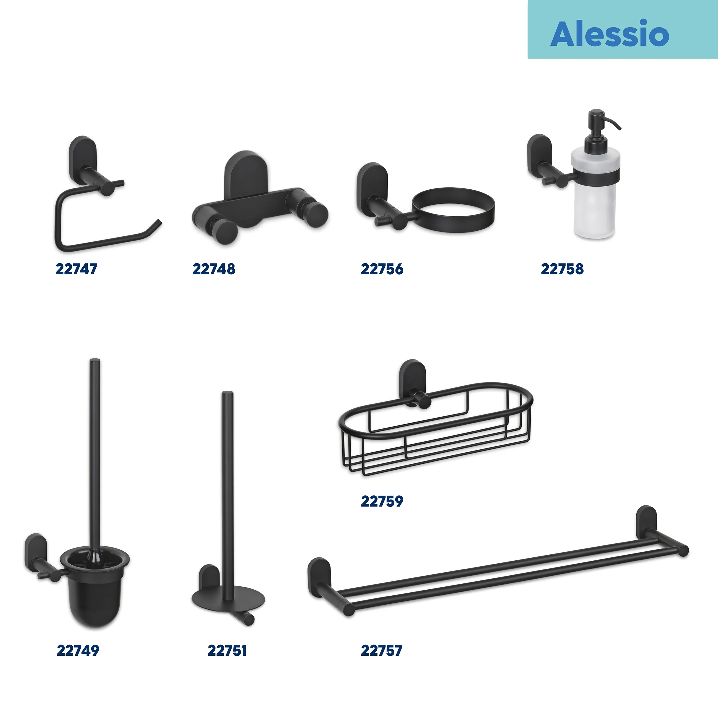 Alessio Badezimmer Accessoires Set Schwarz Alessio Badezimmer-Accessoires-Set in Schwarz mit Halterungen, Seifenspender, Toilettenbürste und Handtuchhalter