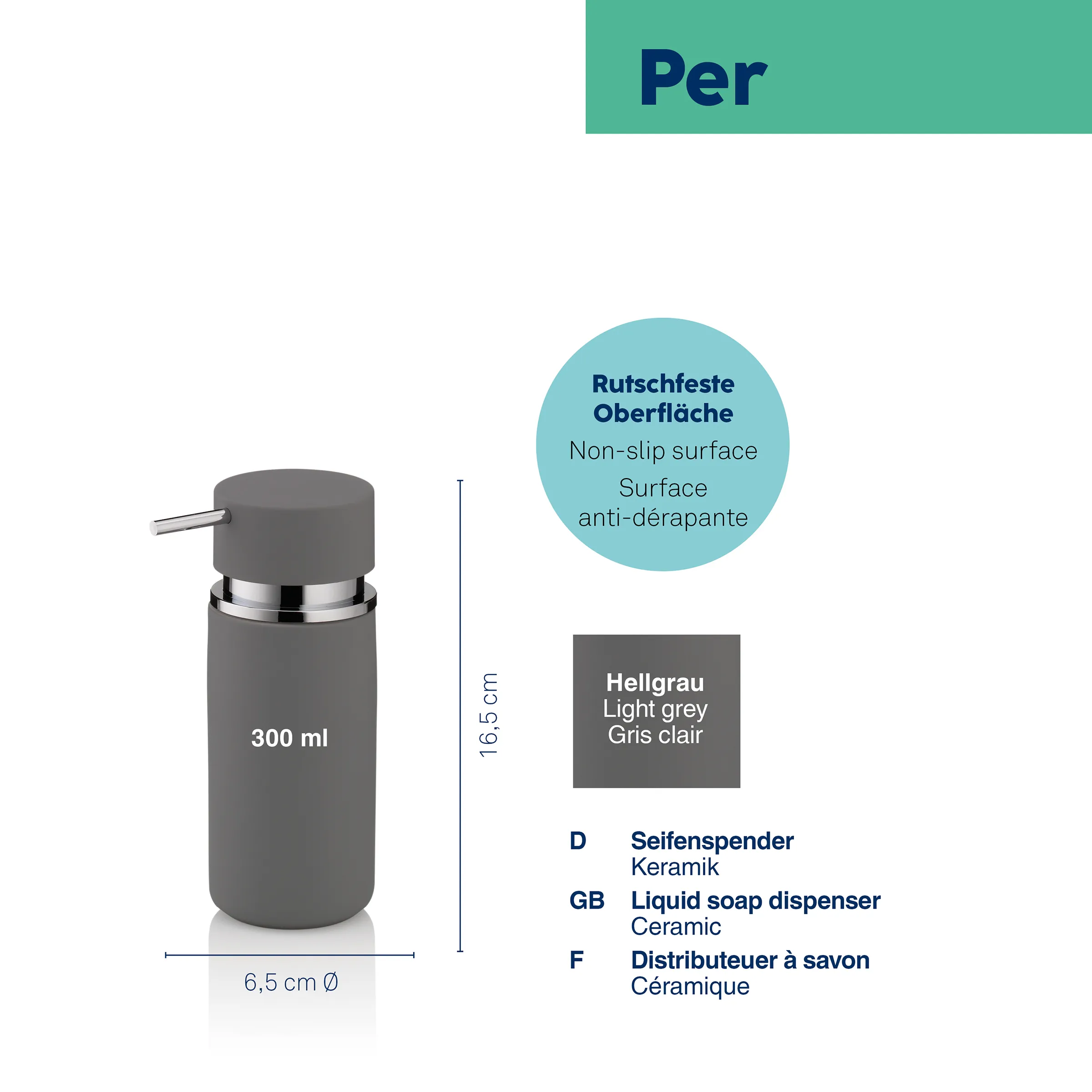 Keramik Seifenspender 300ml Hellgrau Grauer Seifenspender aus Keramik mit 300ml Fassungsvermögen, 16,5cm Höhe, rutschfeste Oberfläche und Chromring