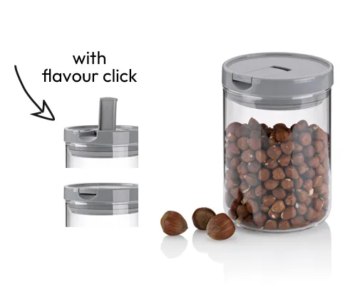Airtight Storage Container Hazelnuts Kitchen Storage container with flavor click lid and hazelnuts. Left shows lid detail with flavor click function, right displays filled container.