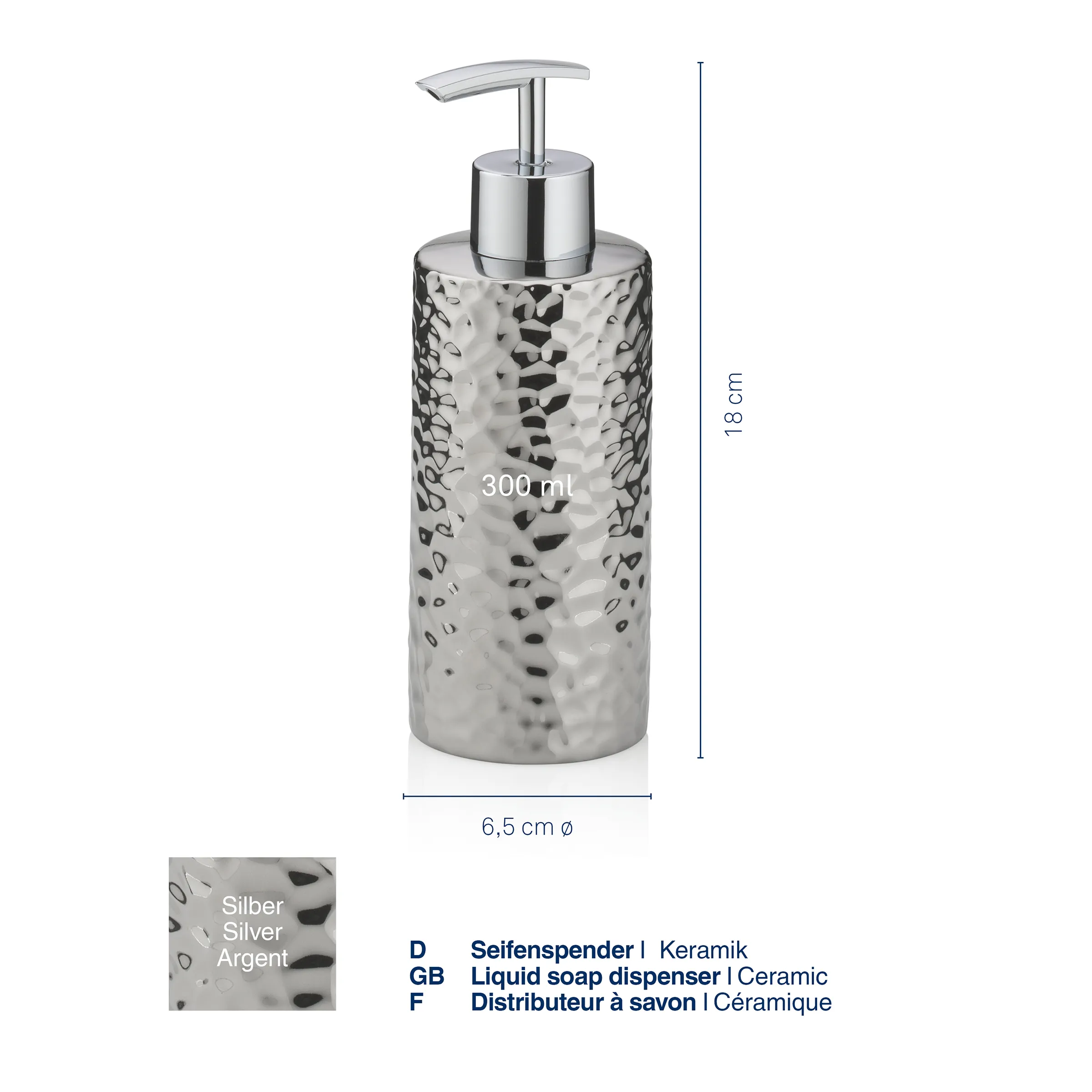 Seifenspender Keramik Silber 300ml - Gehämmerte Oberfläche Badezimmer Silberner Seifenspender aus Keramik mit gehämmerter Oberfläche, 300 ml, 18 cm hoch, 6,5 cm Durchmesser