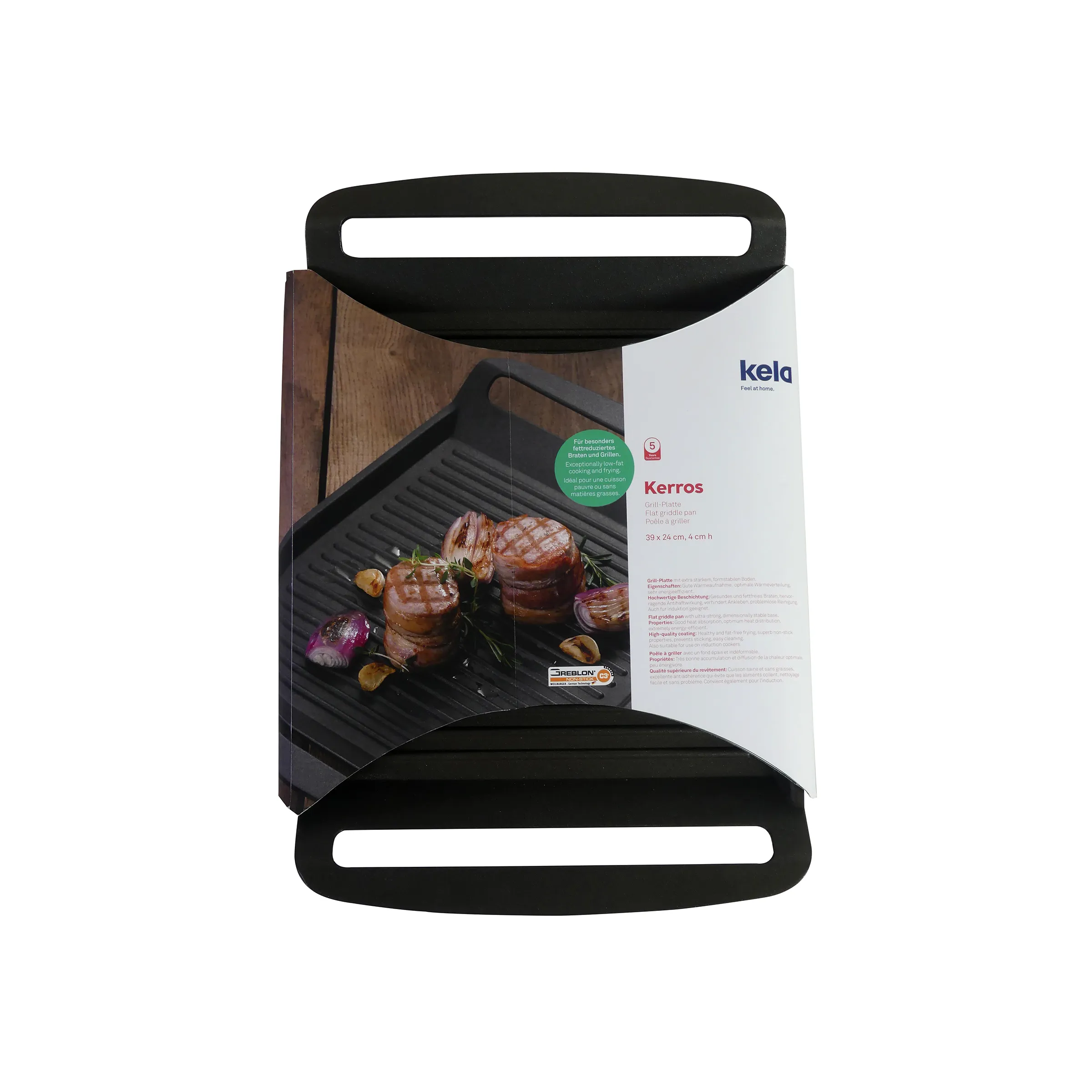 Kela Kerros Grillplatte - hochwertige Grillplatte für Küche Kela Kerros Grillplatte mit schwarzen Griffen und Produktverpackung, zeigt gegrilltes Fleisch und Gemüse