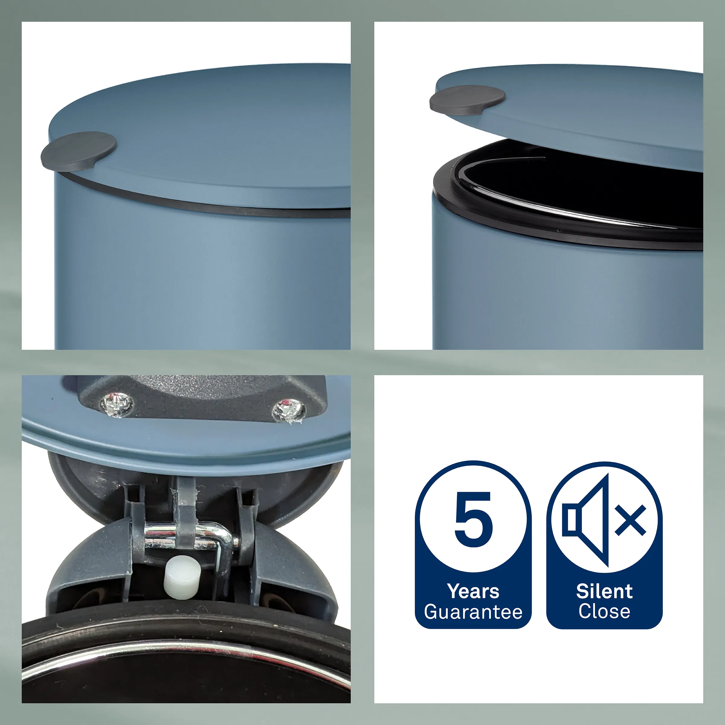 Blauer Mülleimer mit Softclose-Deckel, Detail der Scharniere und 5 Jahre Garantie Symbol