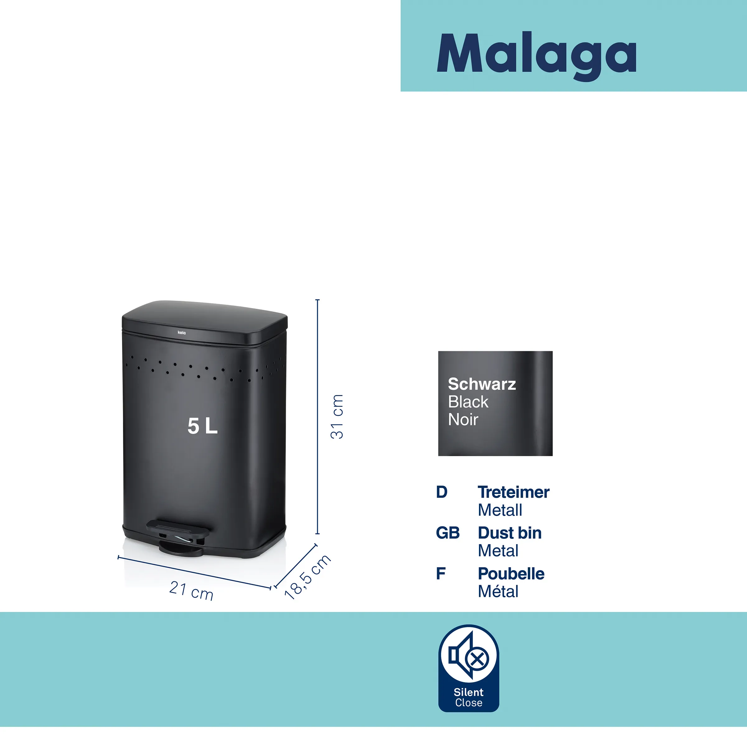 Black Malaga pedal bin with 12 liter capacity, dimensions 31 x 21 x 18 cm, metal body with silent close function