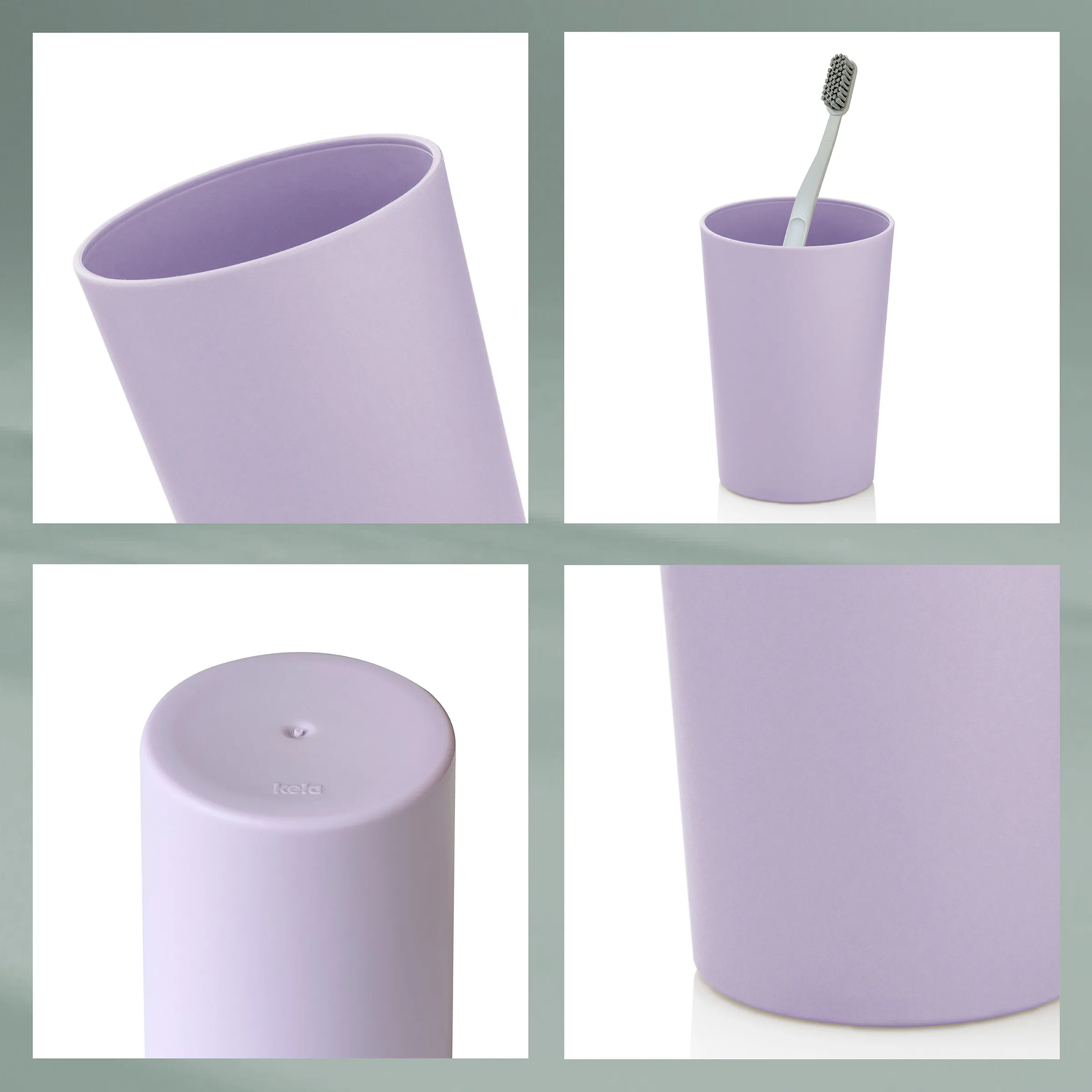Lila Zahnputzbecher-Set mit Becher, Deckel, Zahnbürste und großem Behälter in verschiedenen Ansichten