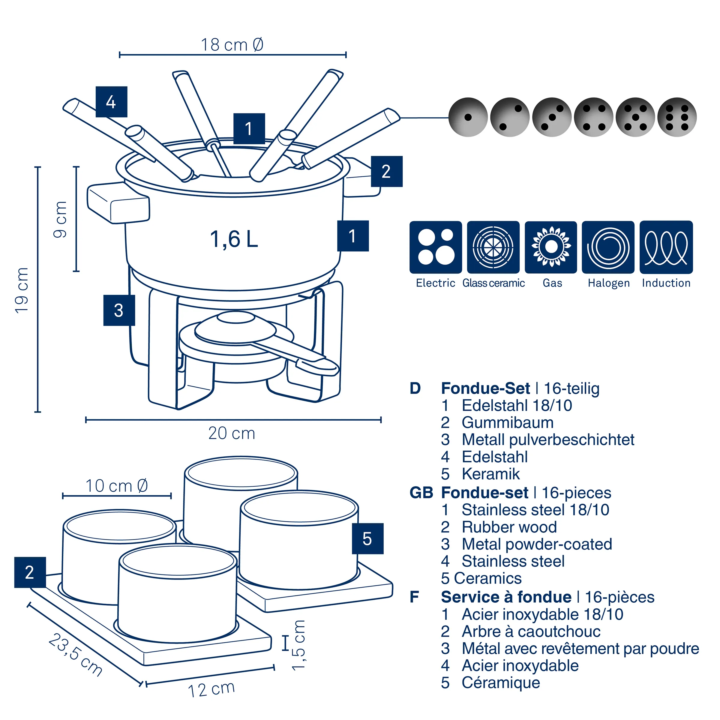Fondue-Set 16-teilig mit Edelstahltopf, Gummibaum-Griff, Metallständer und Keramik-Schalen