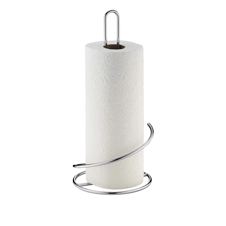 Küchenrollenhalter Metall verchromt mit Spiraldesign für Küchenrollen Küchenrollenhalter aus verchromtem Metall mit spiralförmigem Design und weißer Küchenrolle