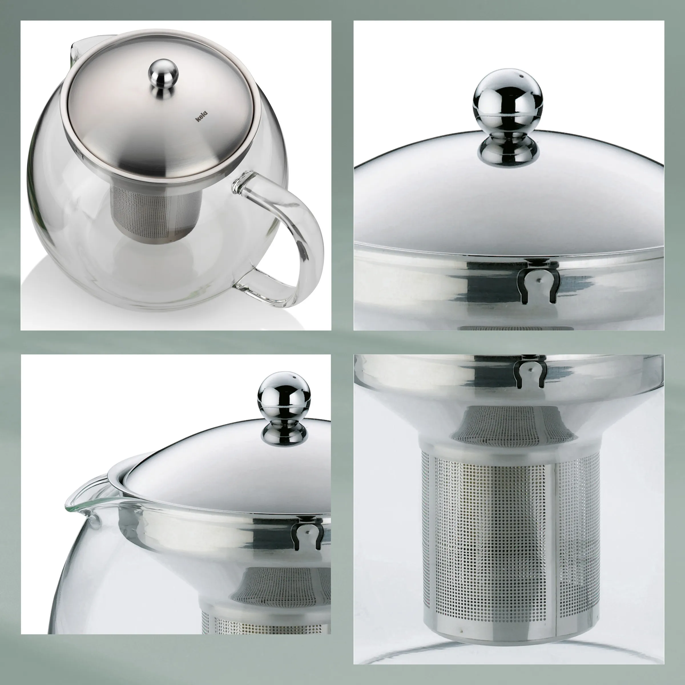 Teekanne aus Glas mit Edelstahl-Sieb und Deckel Glaskanne mit Edelstahl-Teesieb und Deckel, vier Detailansichten des Teekannen-Systems