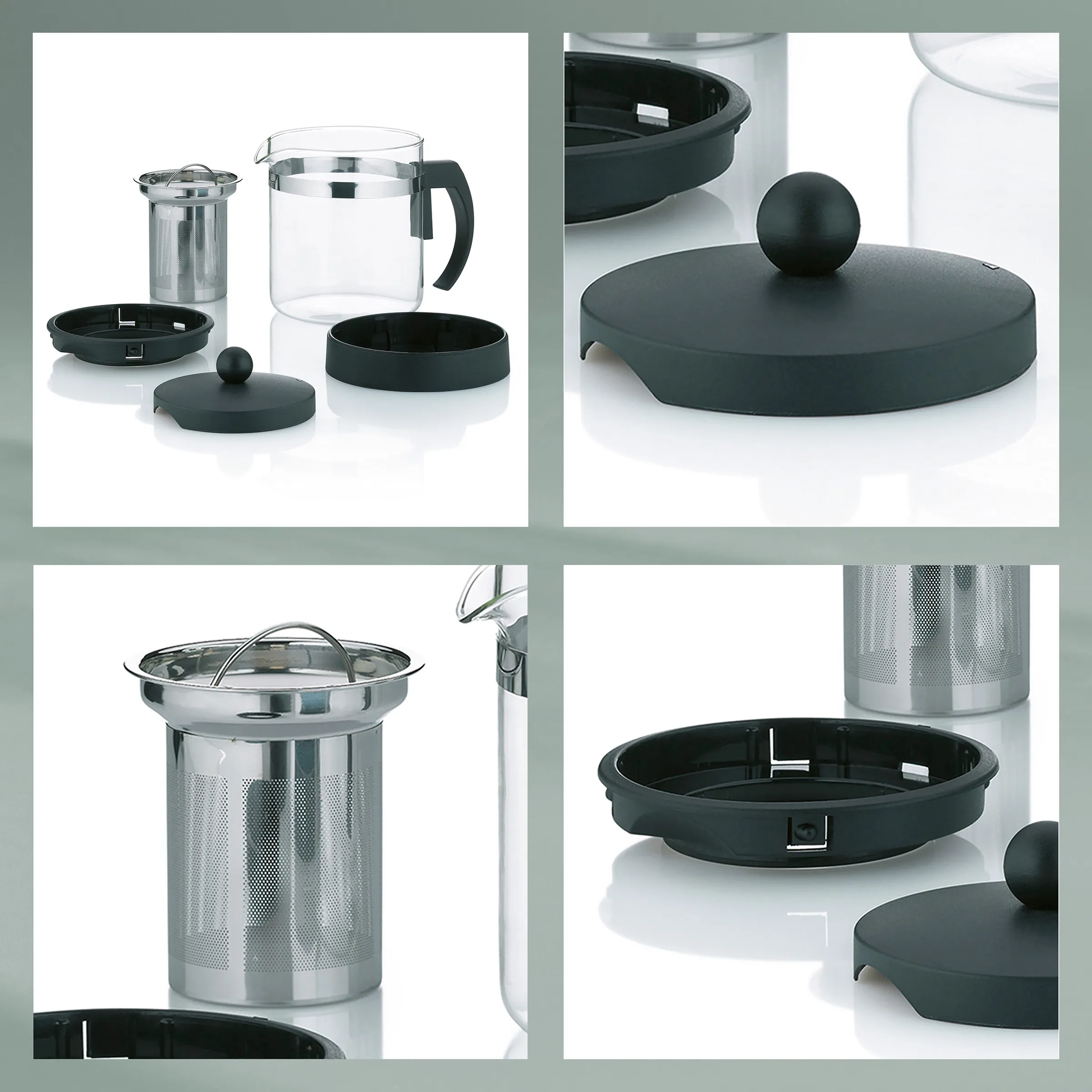 Teekanne mit Edelstahl-Teesieb und Glaskaraffe - Tee-Set mit Deckel Teekanne mit Teesieb, Glaskaraffe und schwarzen Deckeln in verschiedenen Ansichten