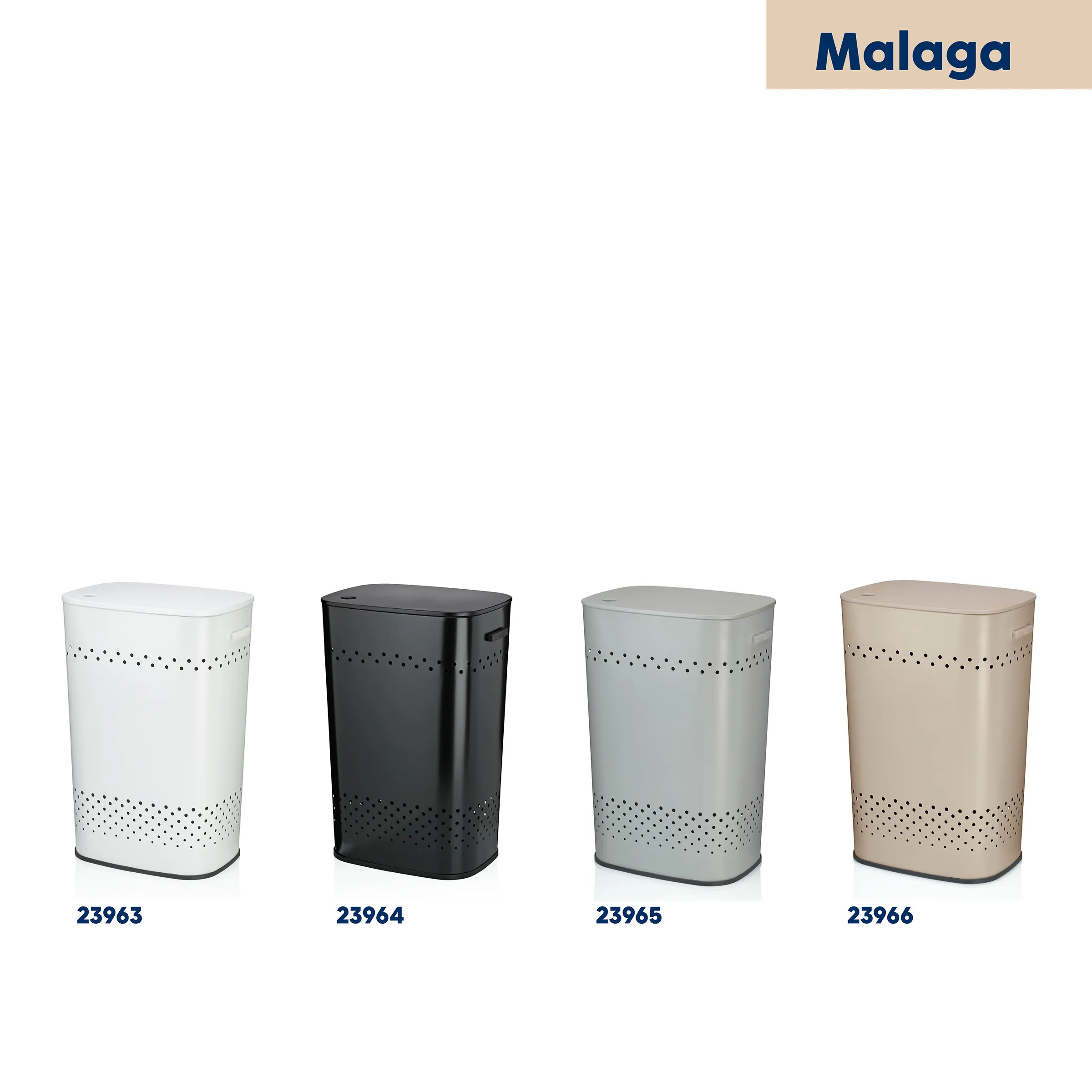 Vier Wäschetruhen aus der Malaga-Serie in Weiß, Schwarz, Grau und Beige mit perforiertem Design