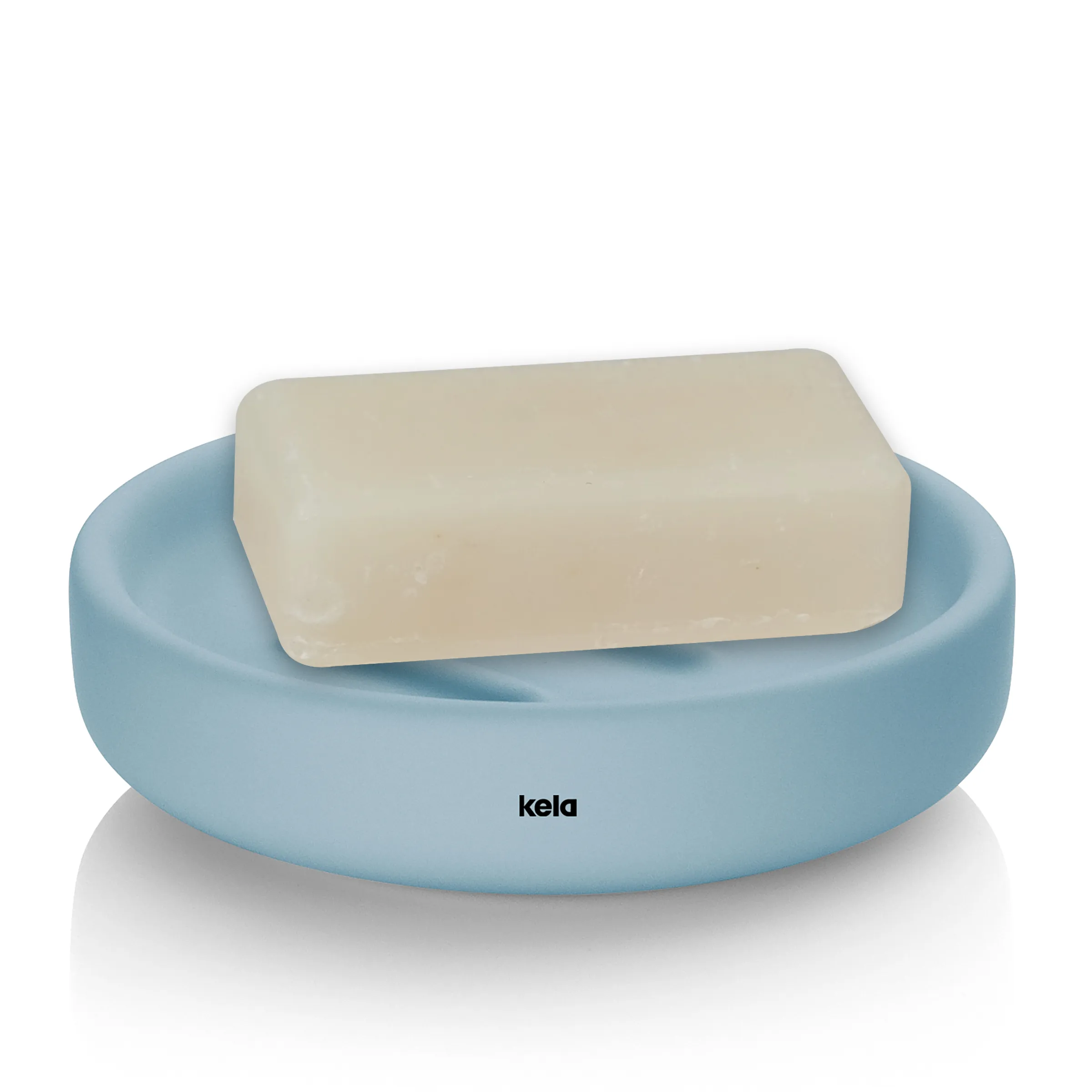 Keramik Seifenschale blau mit Seife Hellblaue Seifenschale aus Keramik mit weißer Seife darauf, minimalistisches Design mit abgerundeten Kanten