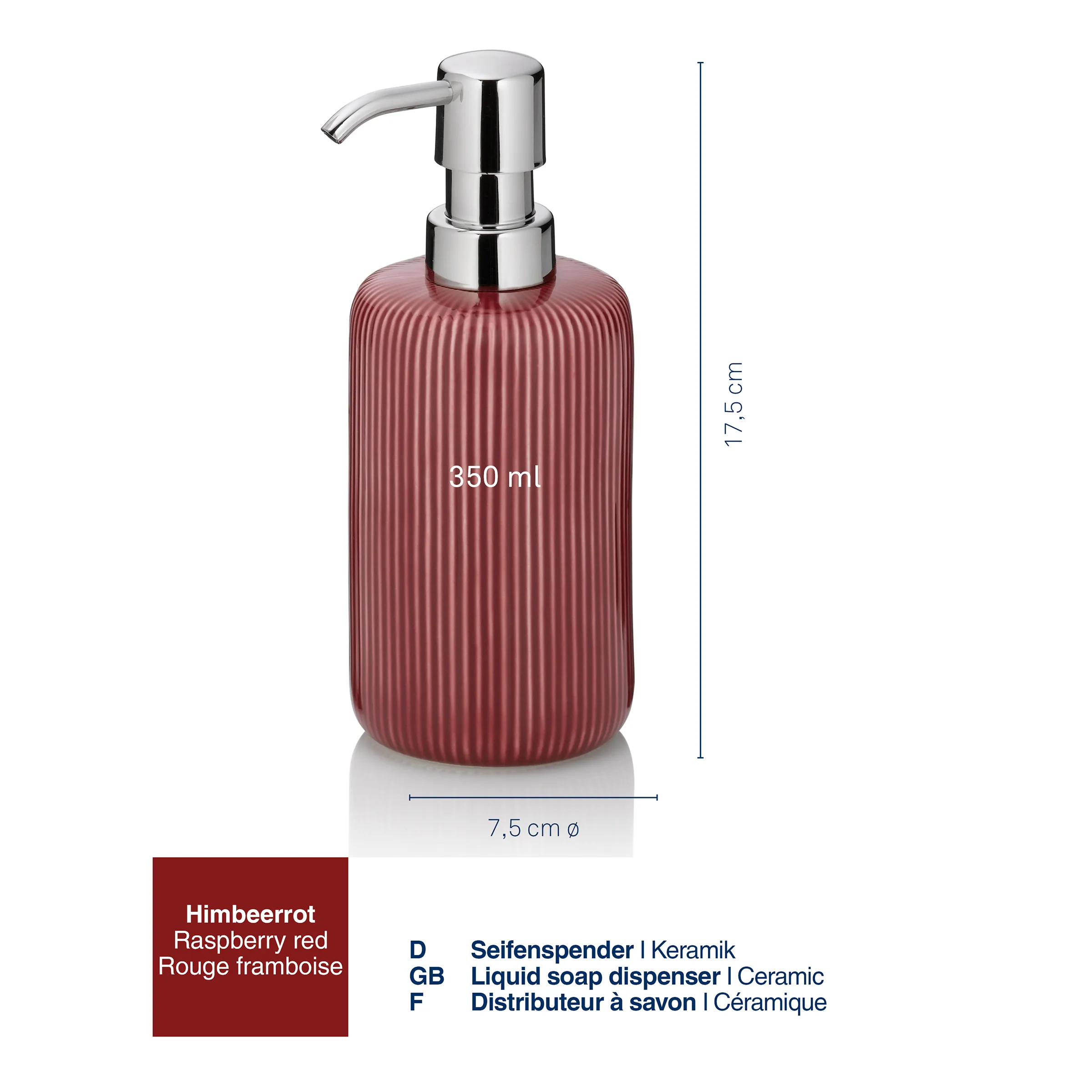 Seifenspender Keramik Himbeerrot 350 ml Himbeerroter Keramik-Seifenspender mit Rillenstruktur, 350 ml, verchromter Pumpe, 17,5 cm Höhe, 7,5 cm Durchmesser