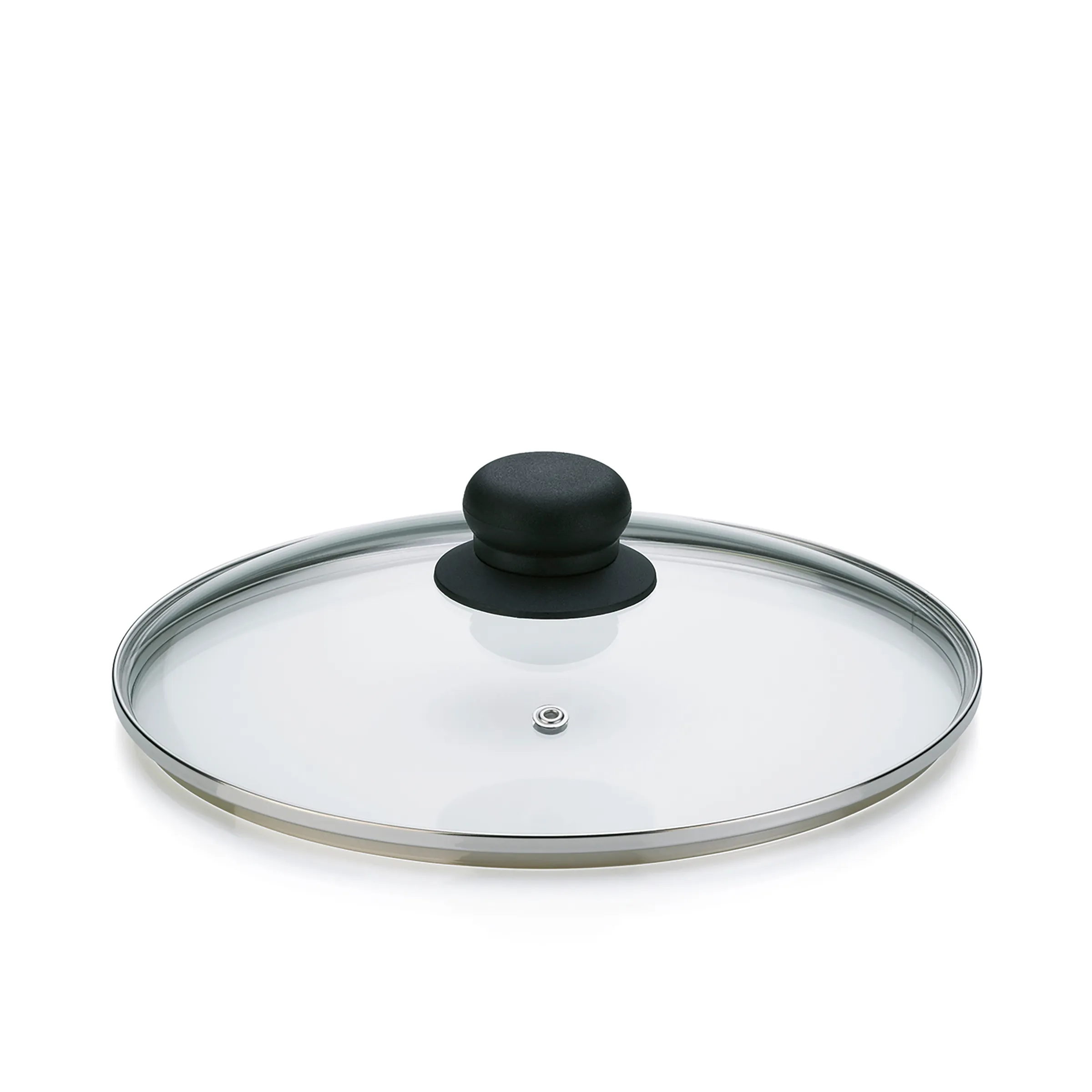 Glasdeckel mit schwarzem Griff – Topfdeckel für Pfannen und Töpfe Glasdeckel mit schwarzem Knopf und Metallrand auf weißem Hintergrund