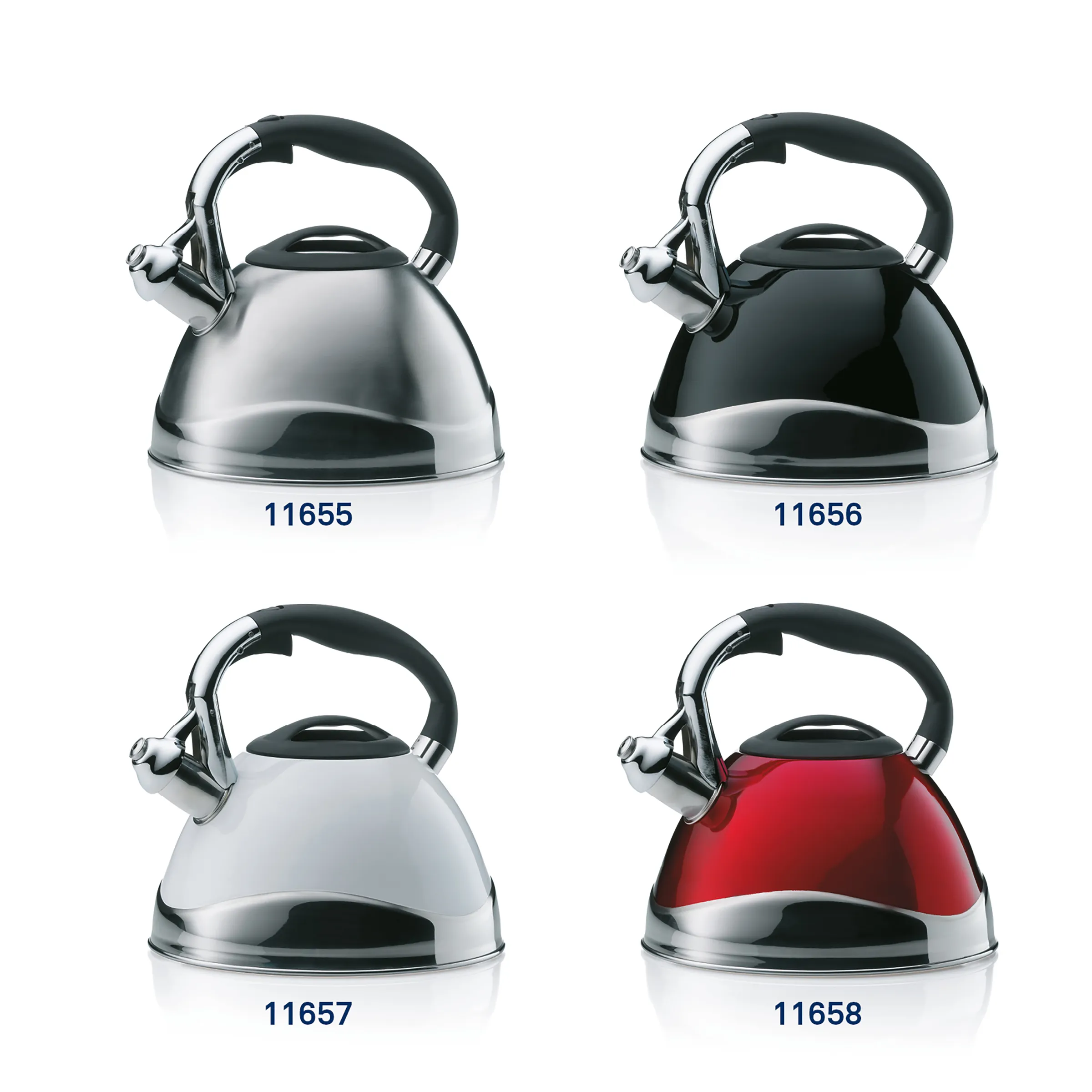 Wasserkessel Set - Moderne Edelstahl Teekannen Vier Wasserkessel in verschiedenen Farben: Silber, Schwarz, Weiß und Rot mit schwarzem Griff und Deckel.