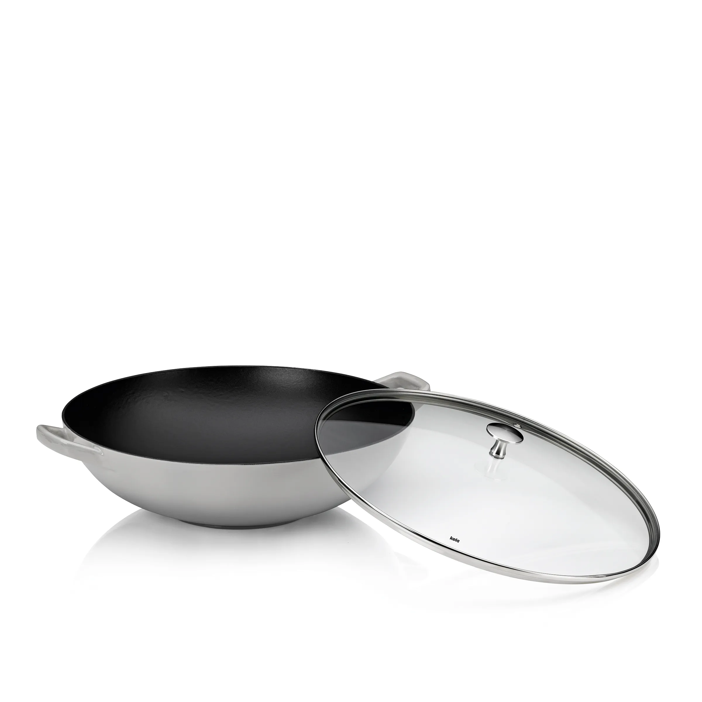 Wok mit Deckel - Antihaftbeschichtung Kochgeschirr Grauer Wok mit schwarzer Antihaftbeschichtung und transparentem Glasdeckel mit Metallgriff