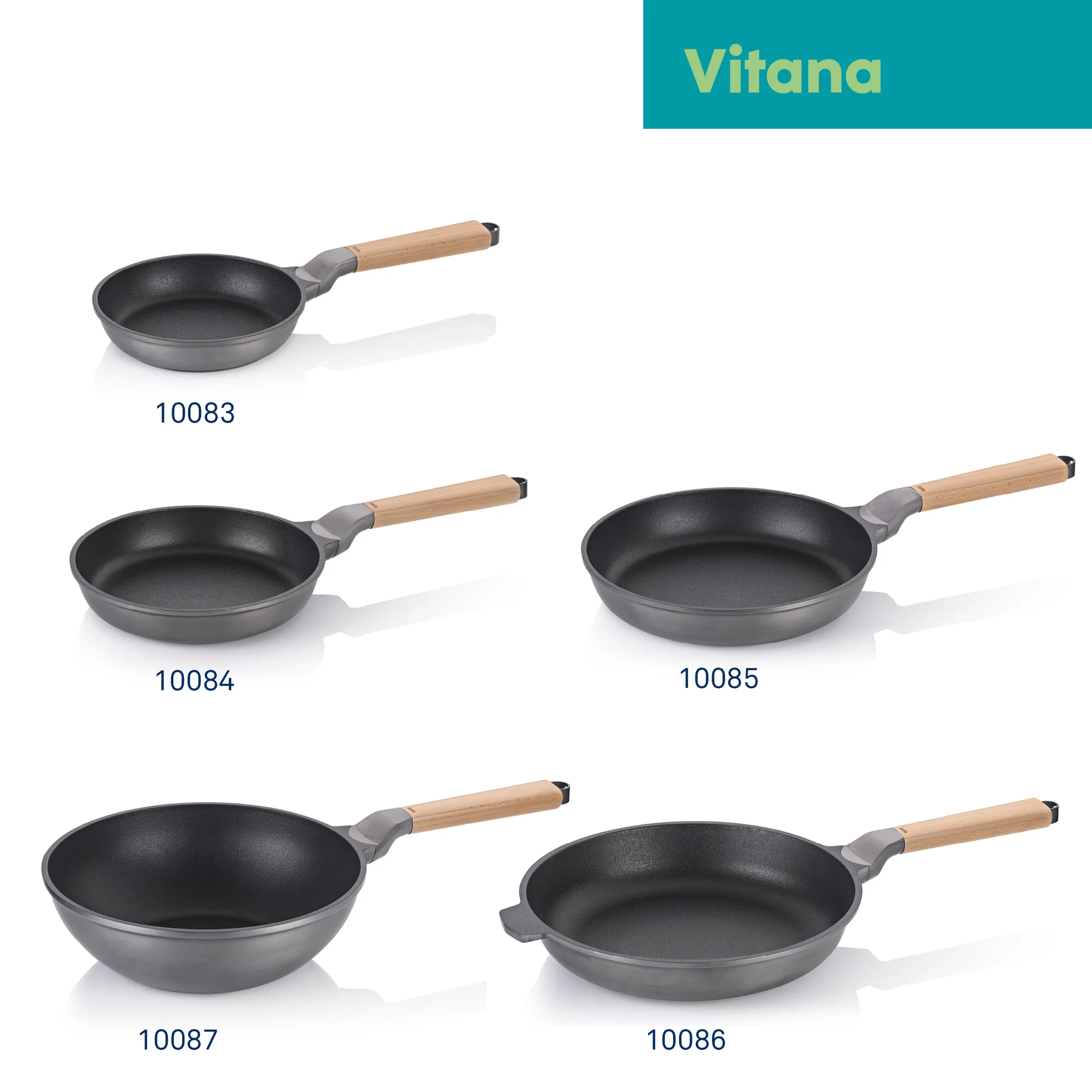 Vitana Bratpfannen mit Holzgriff – Antihaftbeschichtete Pfannen-Serie in verschiedenen Größen Vitana Bratpfannen-Serie mit Holzgriff in fünf Größen, Modelle 10083 bis 10087, Antihaftbeschichtung