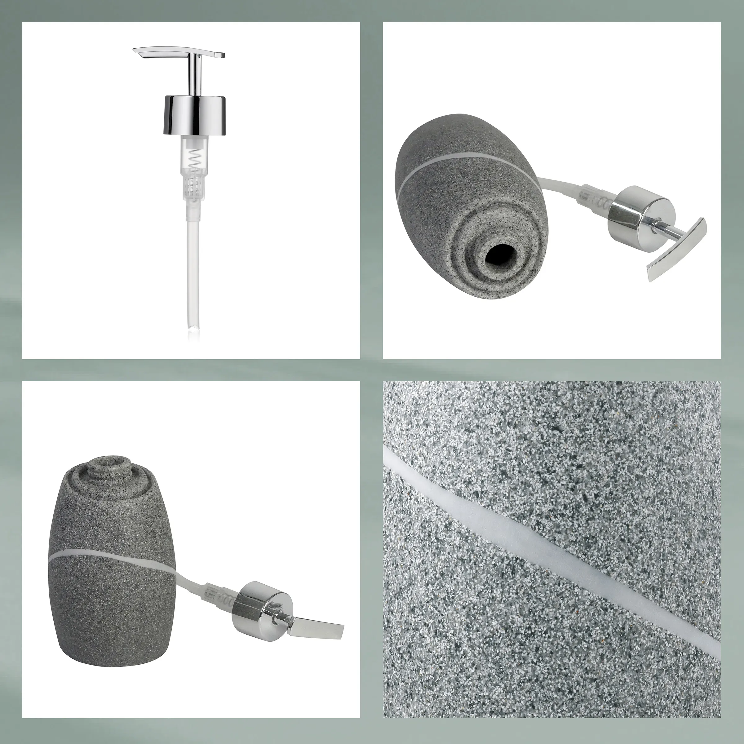 Pumpenspender und Pumpen aus grauem Naturstein mit Metallarmatur, Detailansichten der Oberfläche und des Pumpenmechanismus