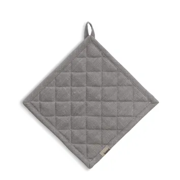 Grau gesteppte quadratische Topflappen mit Schlaufe zum Aufhängen und Keld-Branding