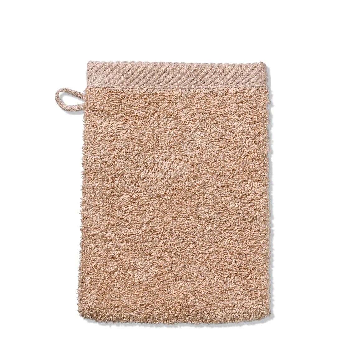 Waschhandschuh Baumwolle beige mit Aufhängeschlaufe Beige Waschhandschuh aus weicher Baumwolle mit strukturiertem Gewebe und praktischer Aufhängeschlaufe