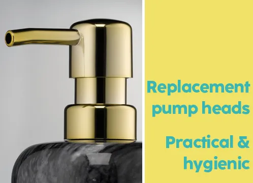 Replacement pump heads gold - practical soap dispenser pumps Gold replacement pump heads for soap dispensers with black bottle, practical and hygienic