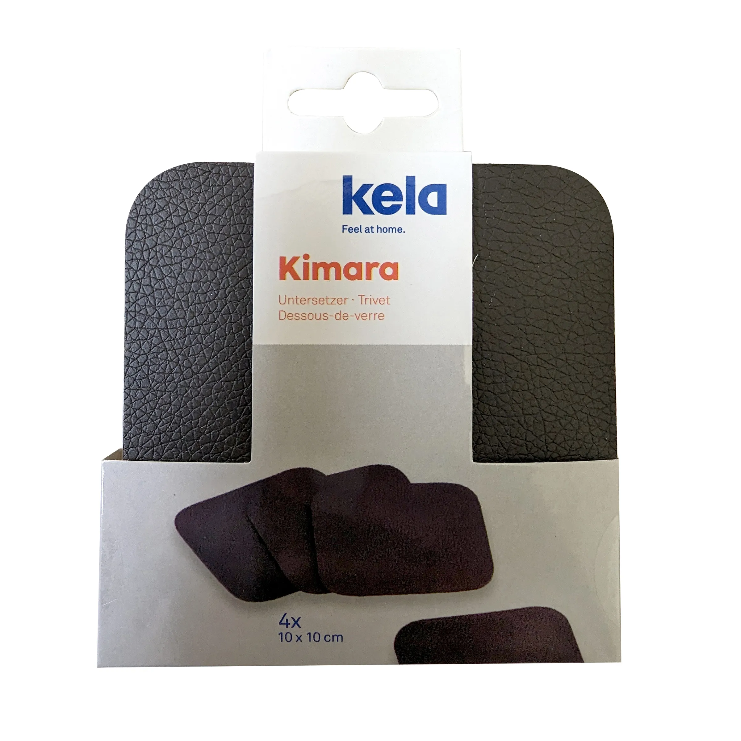 Kela Kimara Untersetzer Set 4-teilig braun Lederoptik Glasuntersetzer Kela Kimara Untersetzer Set, 4 Stück, 10x10 cm, dunkelbraun mit geprägter Lederoptik auf Verpackung
