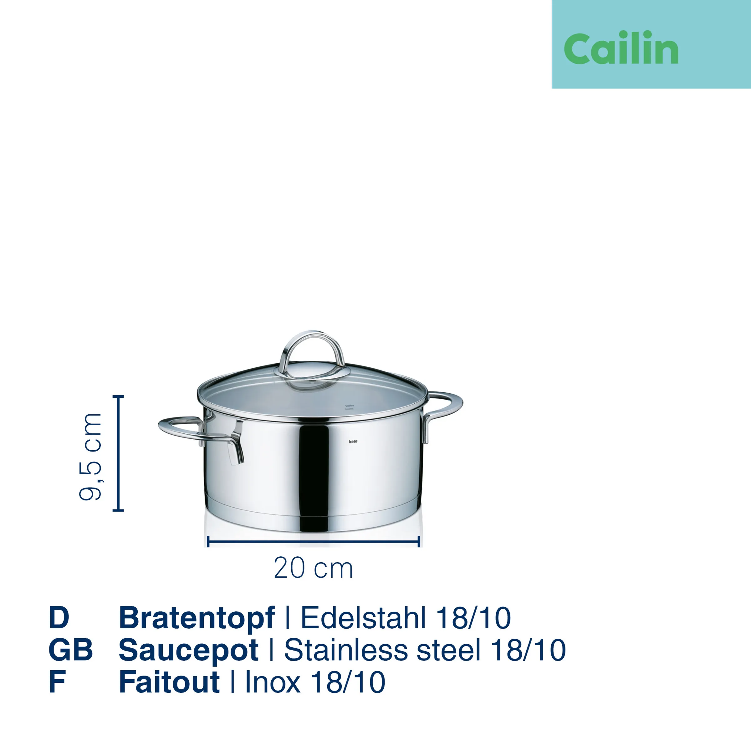 Cailin Edelstahl Bratentopf 20 cm mit Glasdeckel - Kochtopf 18/10 Cailin Edelstahl Bratentopf 20 cm mit Glasdeckel, 18/10 Qualität, 9,5 cm hoch mit zwei Griffen