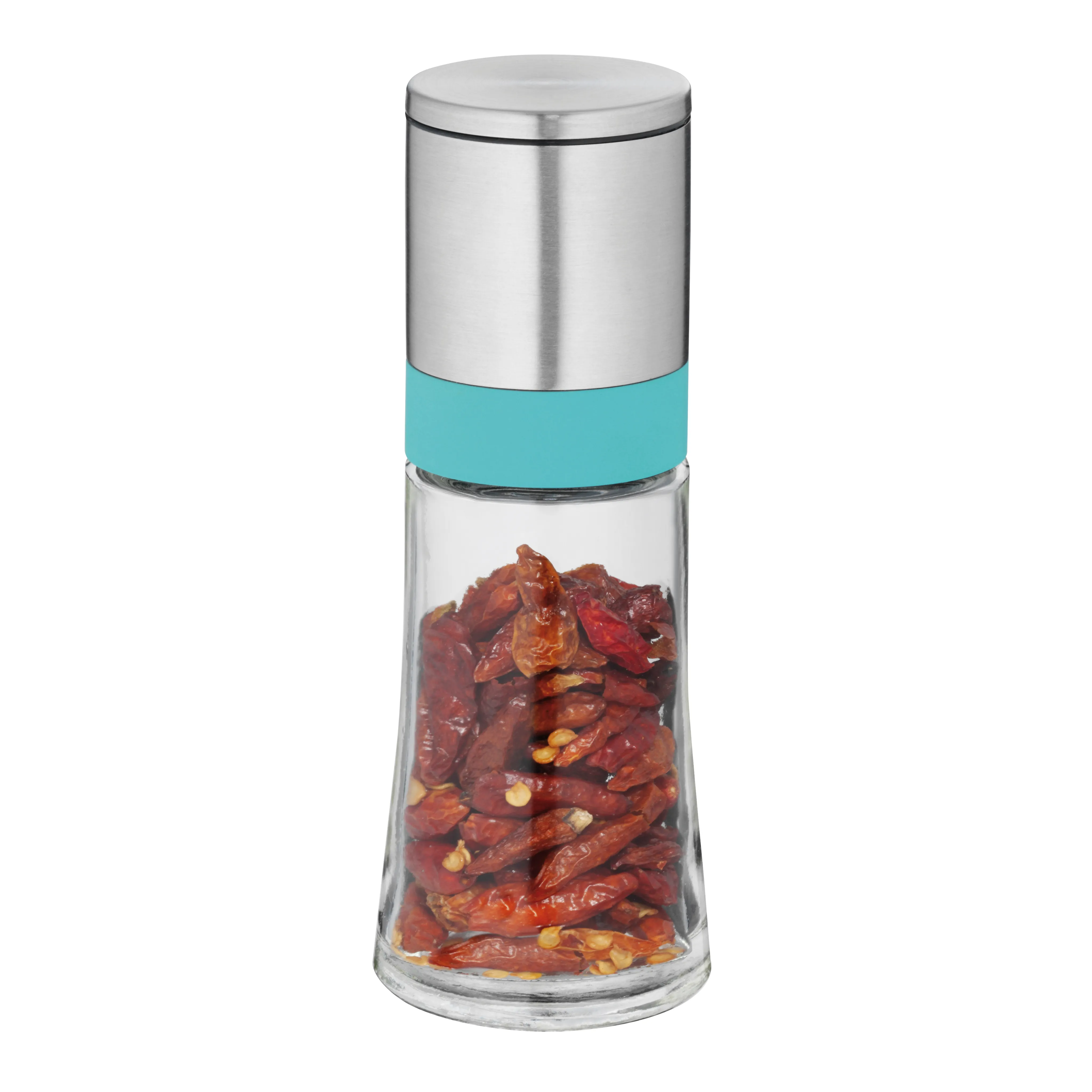 Gewürzmühle aus Glas und Edelstahl mit türkisem Band, gefüllt mit roten Chilischoten und gelben Körnern
