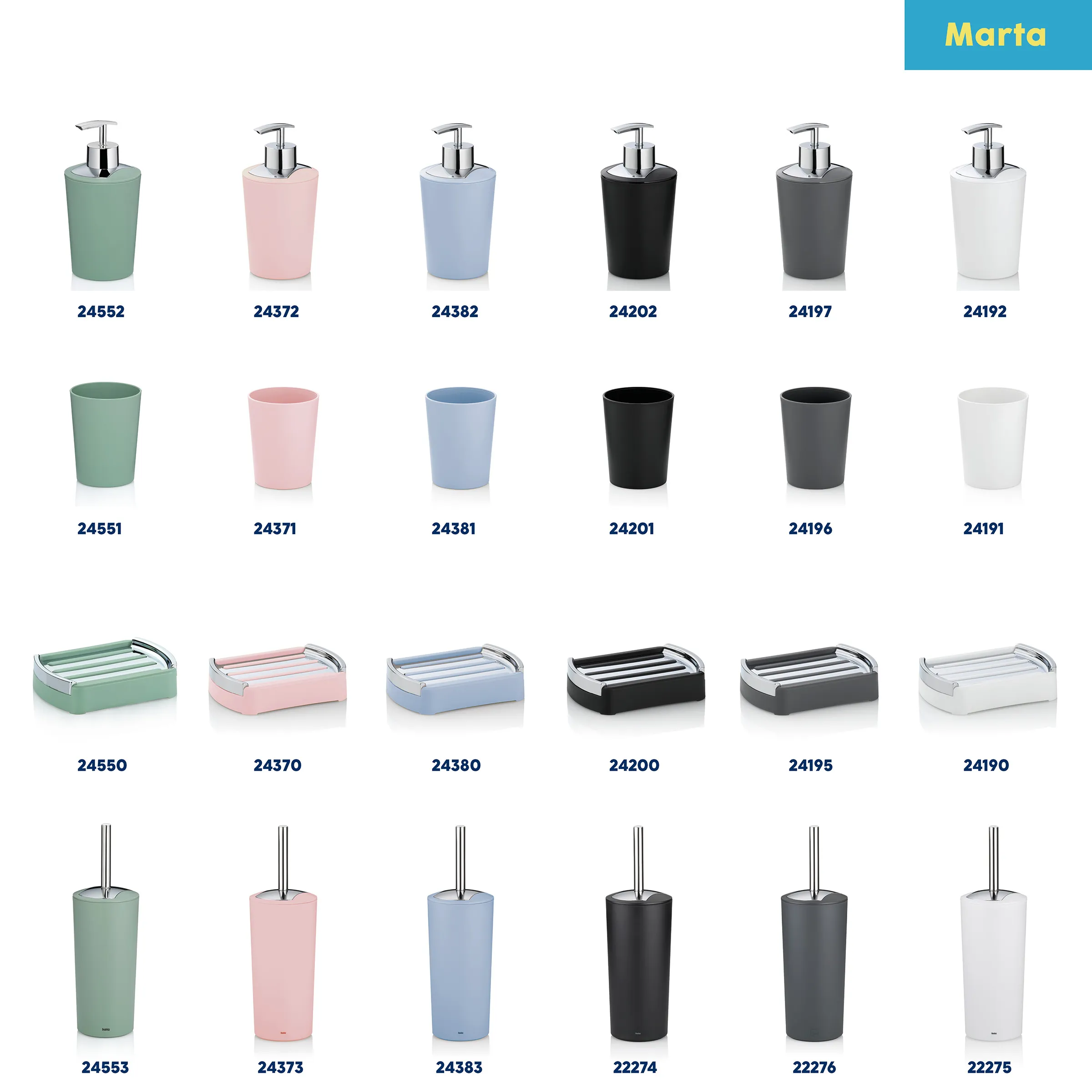 Marta Badezimmer-Kollektion in sechs Farben: Seifenspender, Becher, Seifenschalen und WC-Bürsten