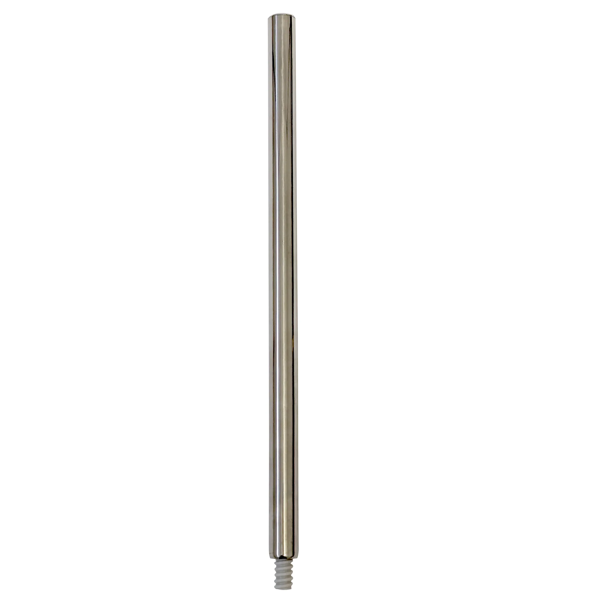 Metallstange Gewinde Edelstahl Verbindungselement Silberne zylindrische Metallstange mit Gewinde am unteren Ende auf weißem Hintergrund