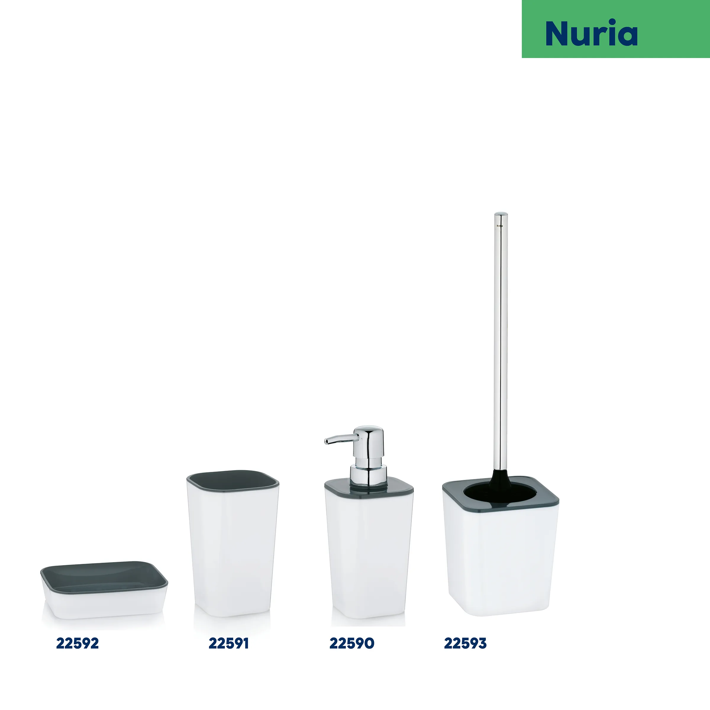Nuria Badezimmer Set - 4-teilige Accessoires Collection Vier weiße Badezimmeraccessoires der Marke Nuria mit grauem Deckel: Seifenschale, Zahnputzbecher, Seifenspender und Toilettenbürste
