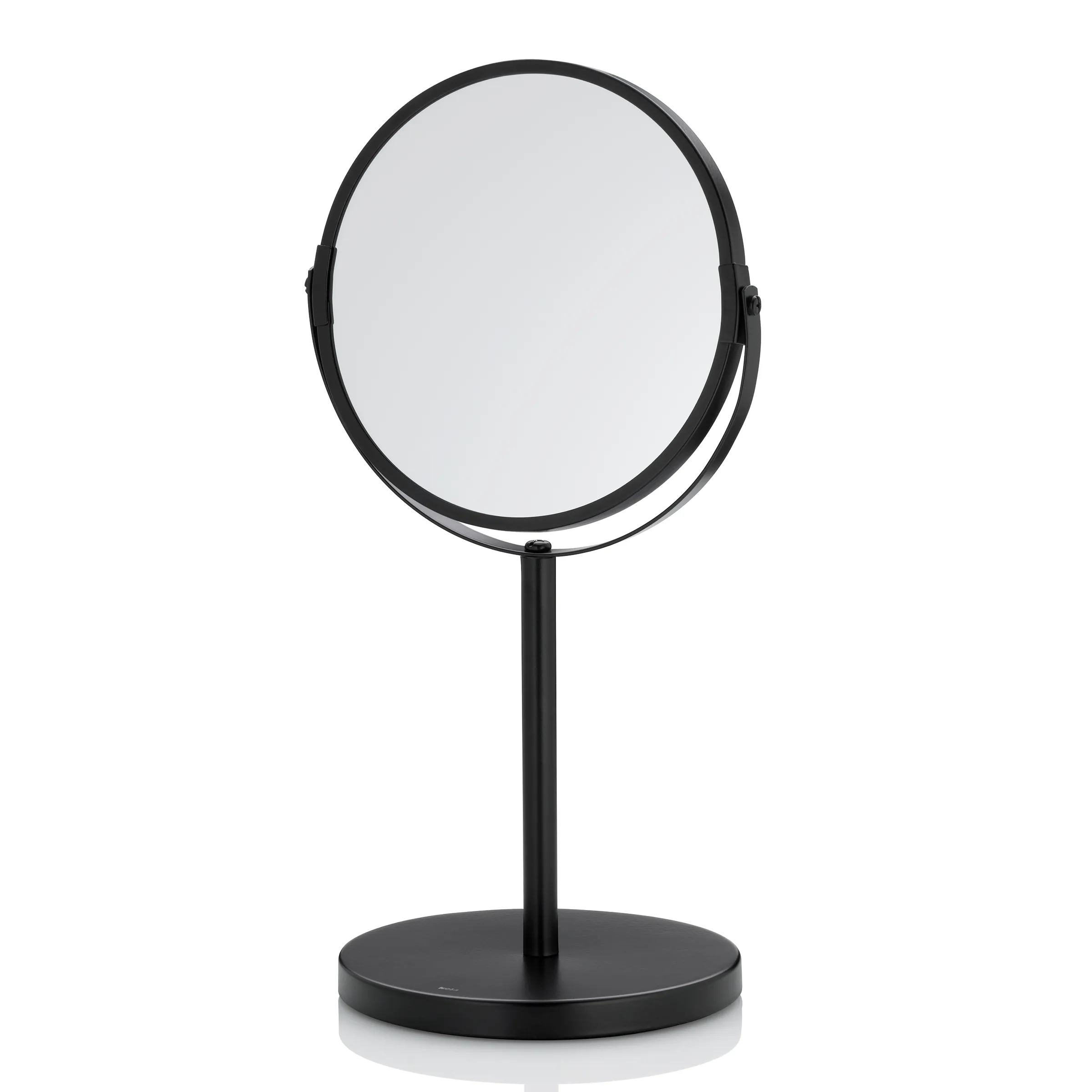 Standspiegel schwarz oval - Tischspiegel mit Ständer Schwarzer Standspiegel mit ovalem Spiegelglas und rundem Fuß auf weißem Hintergrund