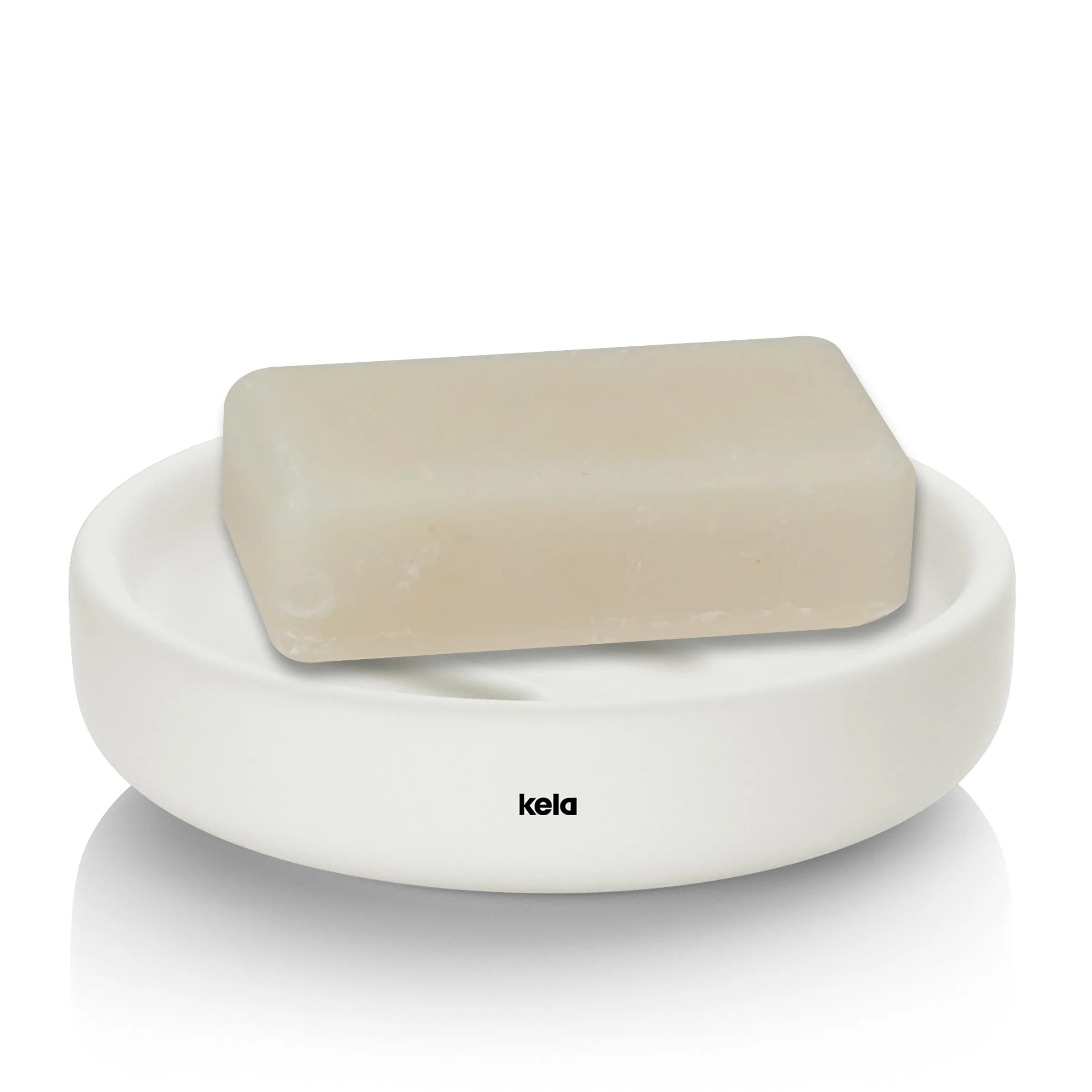 Kela Seifenschale mit Seife - Badezimmer Accessoires Weiße Seifenschale mit cremefarbenem Seifenstück der Marke kela