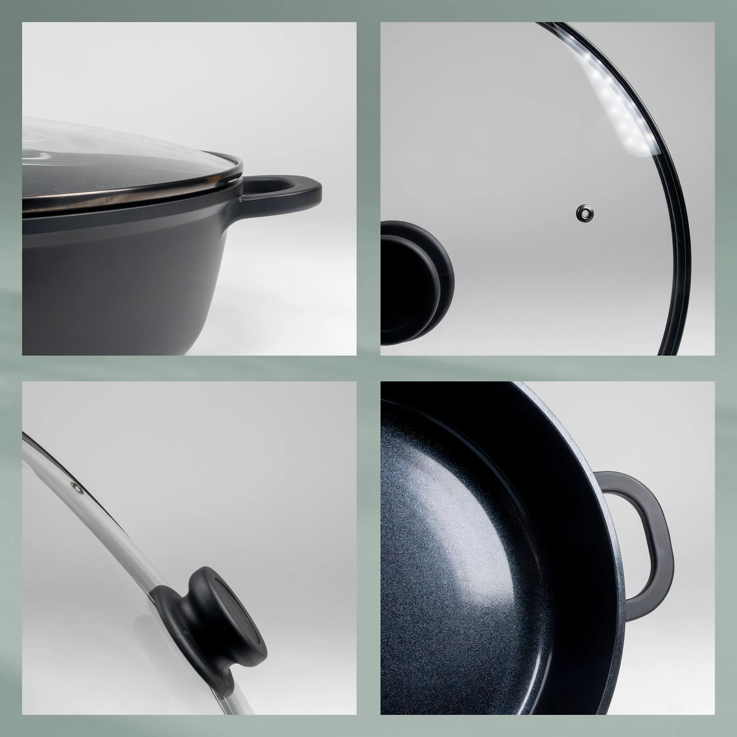 Hochwertiger Kochtopf mit Glasdeckel – Professionelle Küchentopf Set Schwarzer Kochtopf mit Glasdeckel und Griff von verschiedenen Seiten fotografiert, mit minimalistischem Design