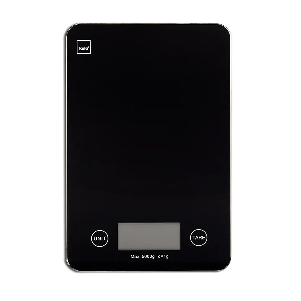Schwarze digitale Küchenwaage von Kela mit LCD-Display, UNIT und TARE Tasten, max. 5000g Kapazität
