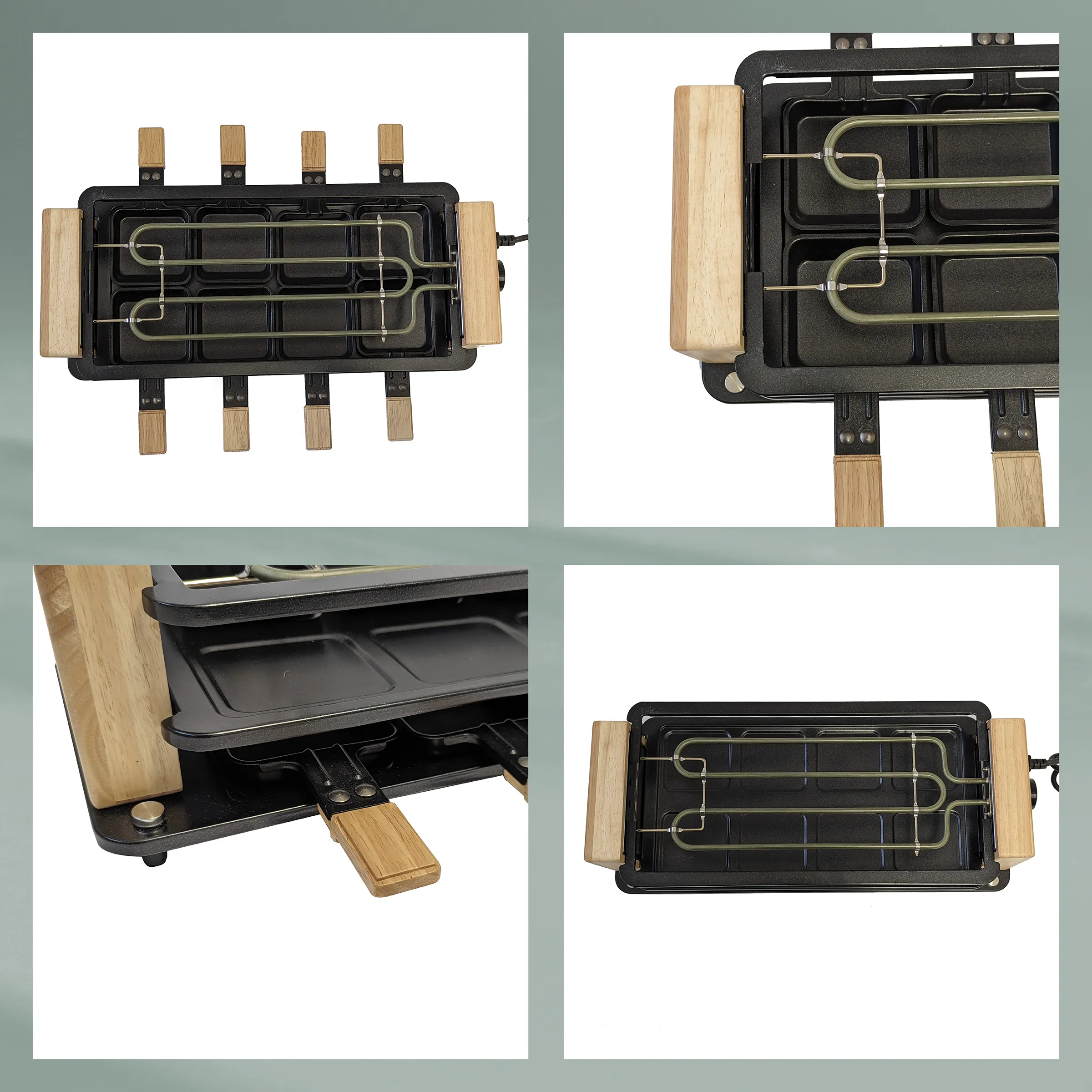 Raclette-Grill mit schwarzem Korpus, Holzgriffen und zwei Heizelementen mit Metallraspeln in verschiedenen Ansichten.