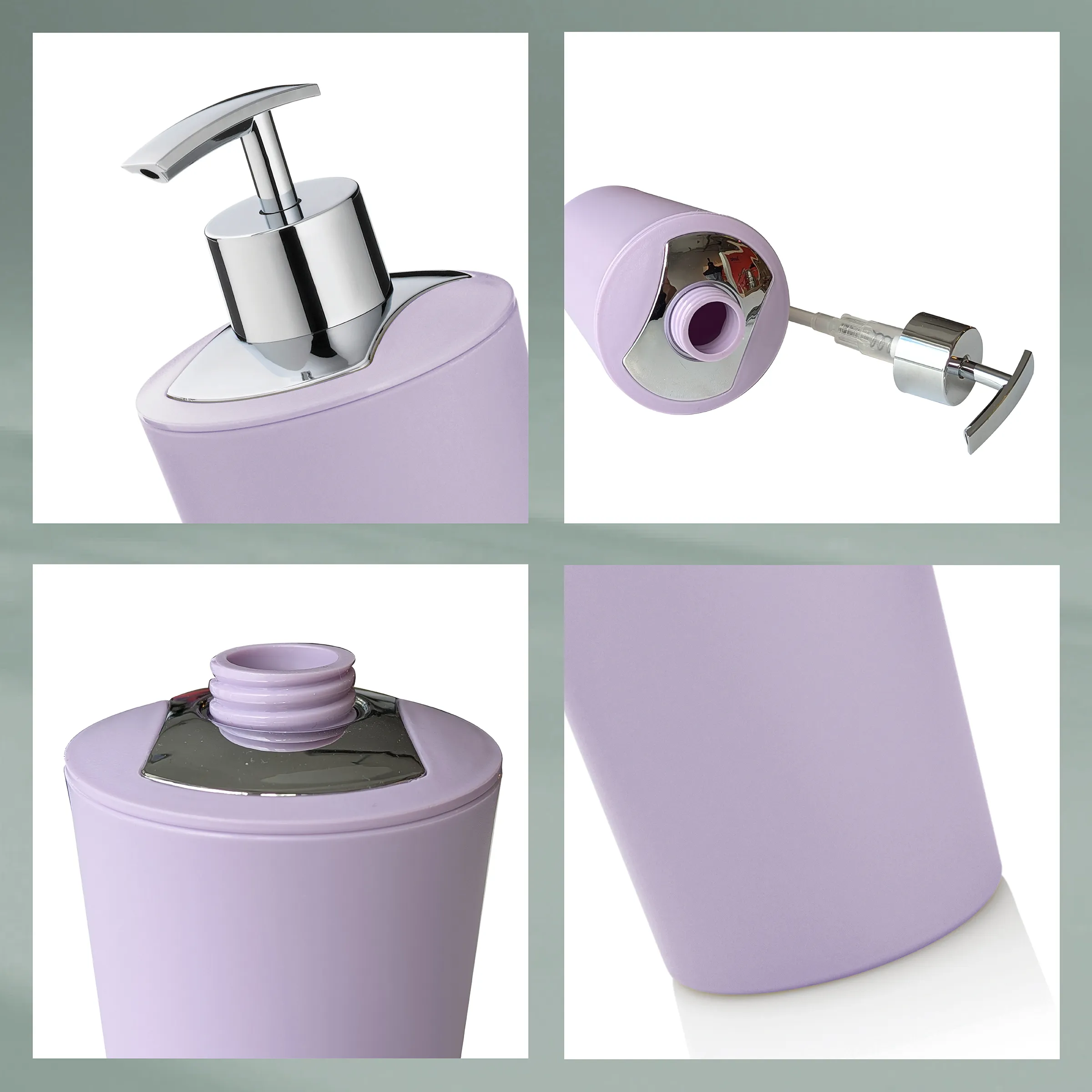 Seifenspender Lavendel mit Chrompumpe - Badezimmer Dispenser Lavendelfarbener Seifenspender mit Chrompumpe, Detailansichten von Pumpmechanismus, Gewindeverschluss und Boden