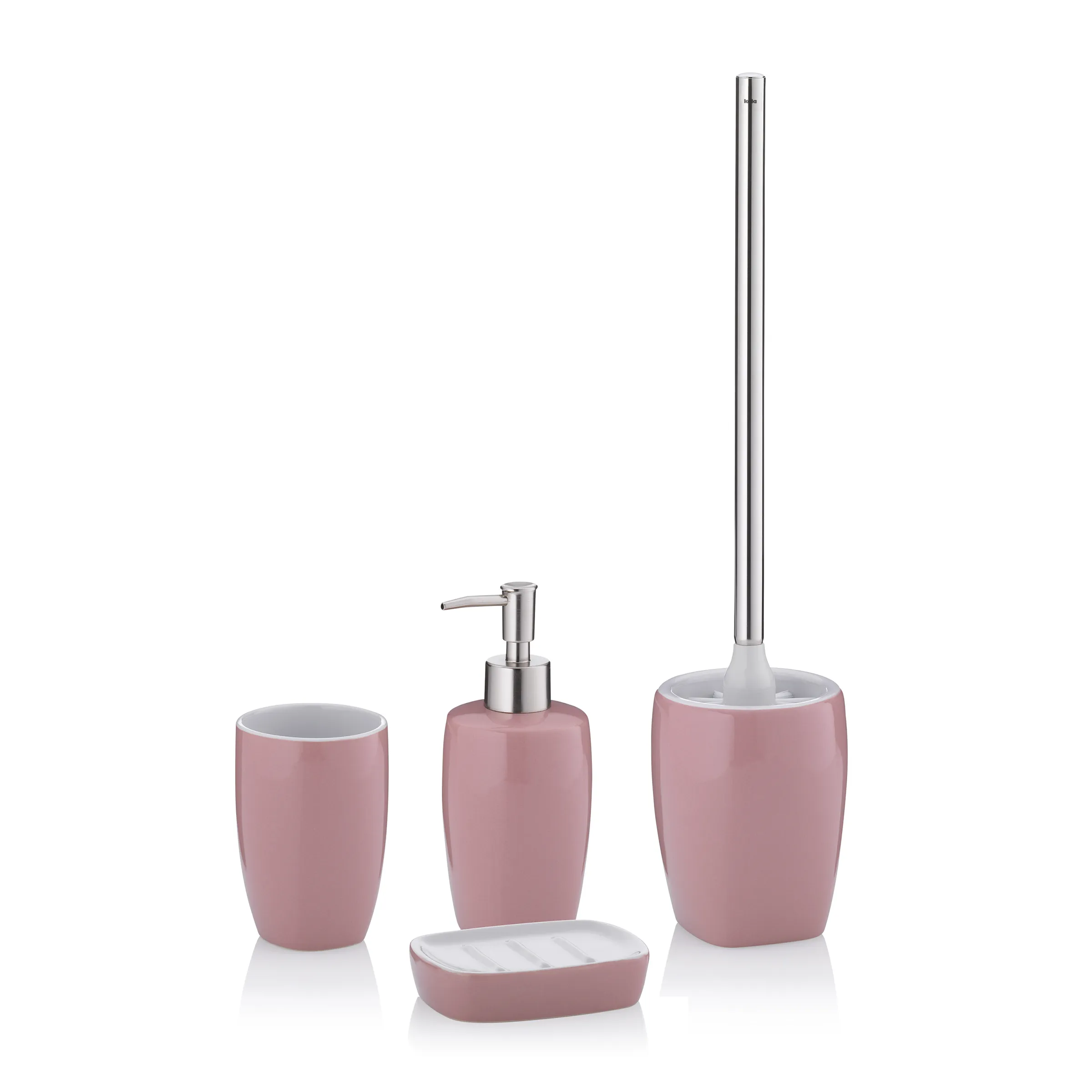 Rosa Badezimmer-Set 5-teilig mit Accessoires Fünfteiliges rosa Badezimmer-Set mit Zahnbürste, Seifenspender, Zahnglas, Seifenschale und Klobürste mit Behälter