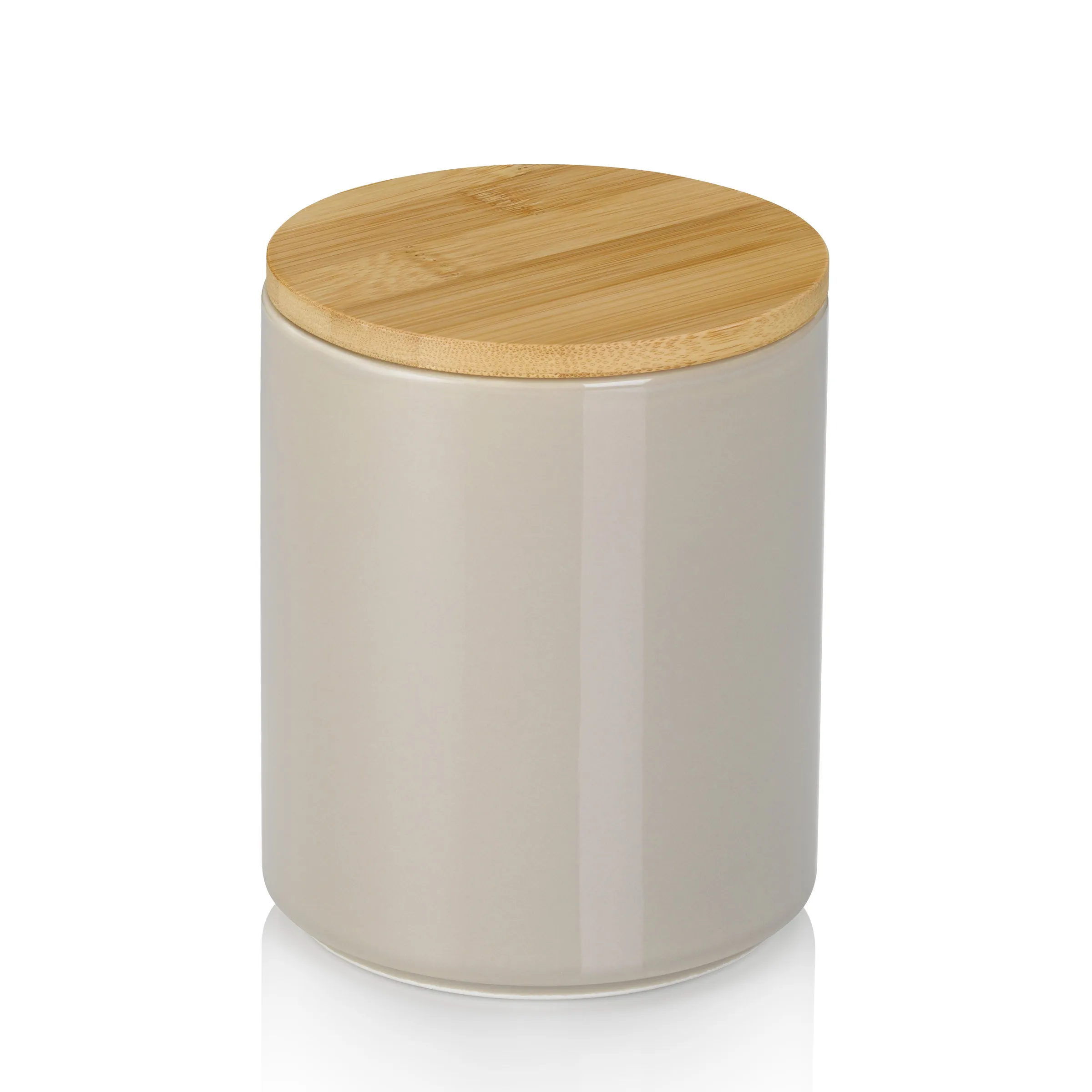 Keramik Vorratsdose mit Bambusdeckel - Aufbewahrungsdose beige Beige Keramik-Vorratsdose mit rundem Bambusdeckel auf weißem Hintergrund
