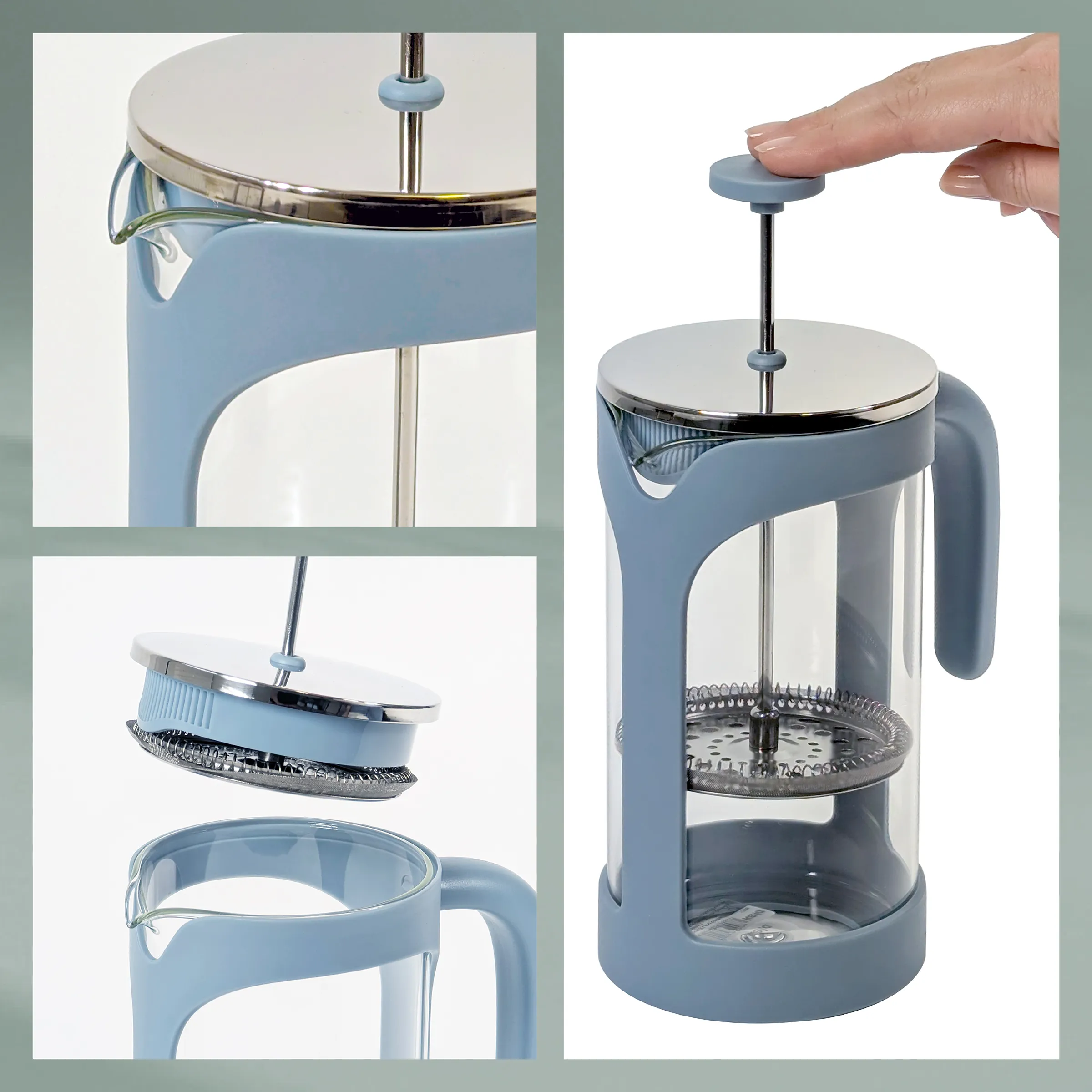 Pressefilter Kaffeepresse - Blau mit Edelstahl Blauer Pressefilter mit Edelstahlkern und transparentem Glaskörper, mit abnehmbarem Filtersieb und Bedienungsanleitung