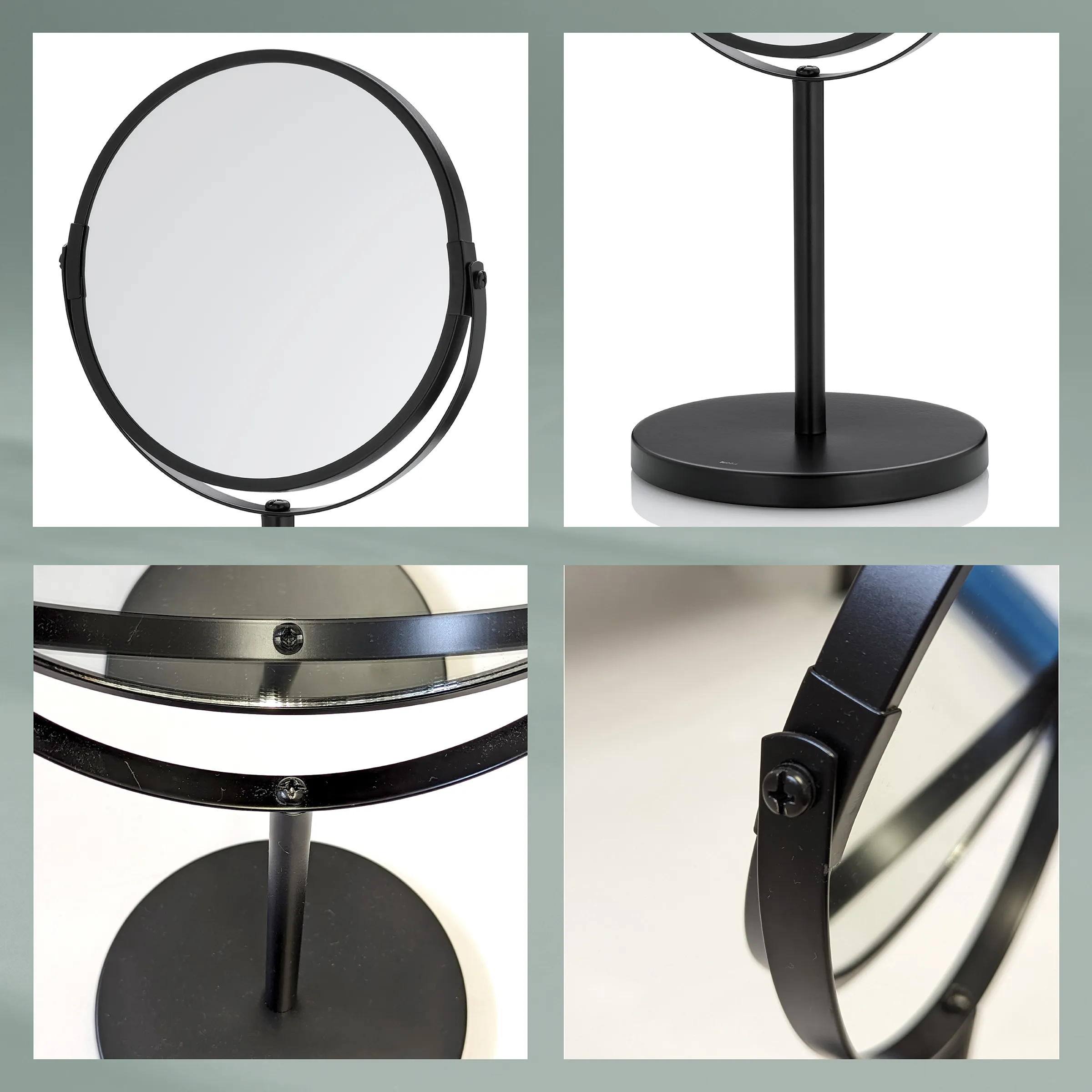 Kosmetikspiegel Schwarz Stehspiegel zweiseitig mit Standfuß – Schminkspiegel rund Runder Kosmetikspiegel in Schwarz mit doppelseitigem Design und stabilem Standfuß, Detailansicht