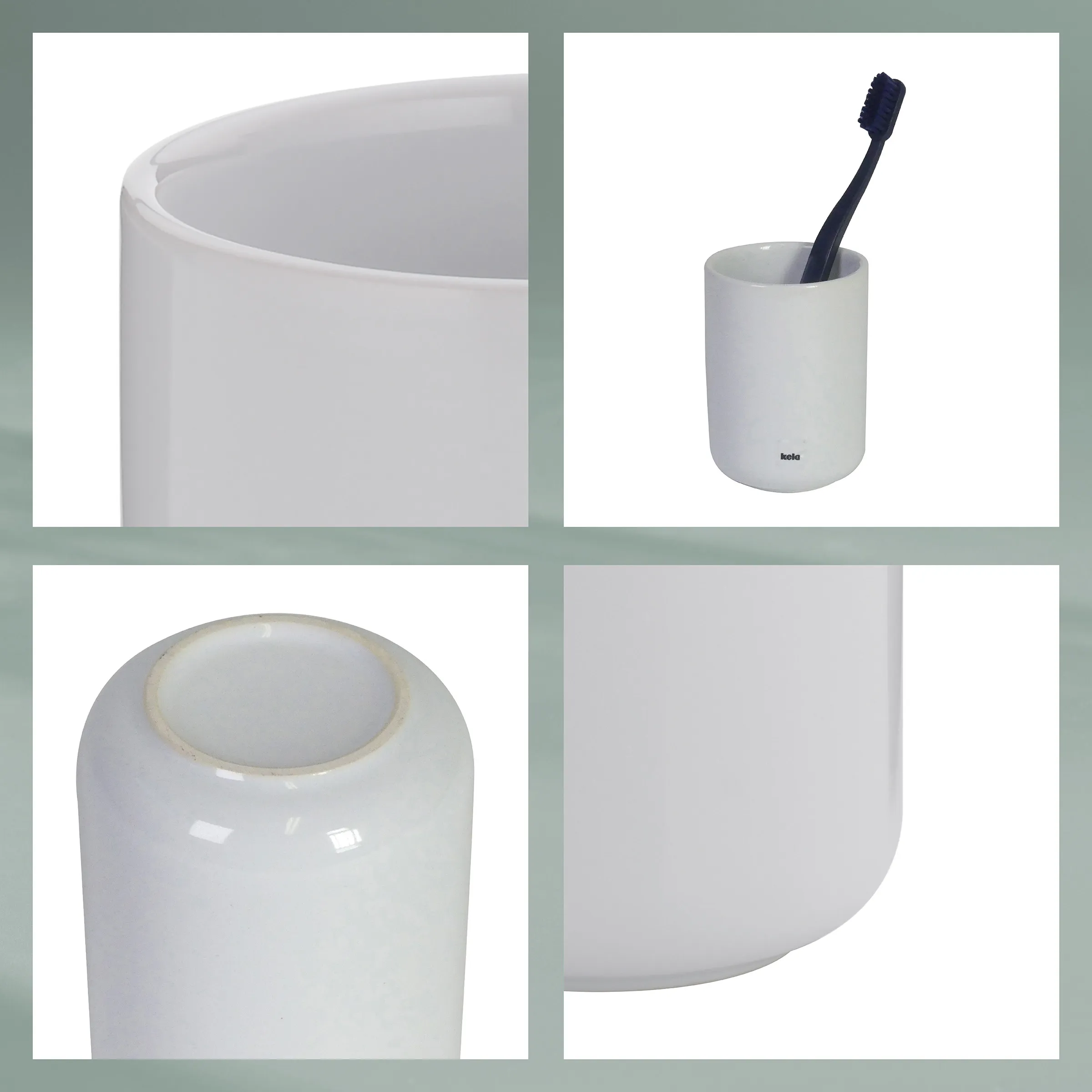Weißer Zahnputzbecher Keramik - Minimalistisches Badezimmer Accessoire Weißer Keramik-Zahnputzbecher mit schwarzer Zahnbürste, Produktansicht von vier Seiten