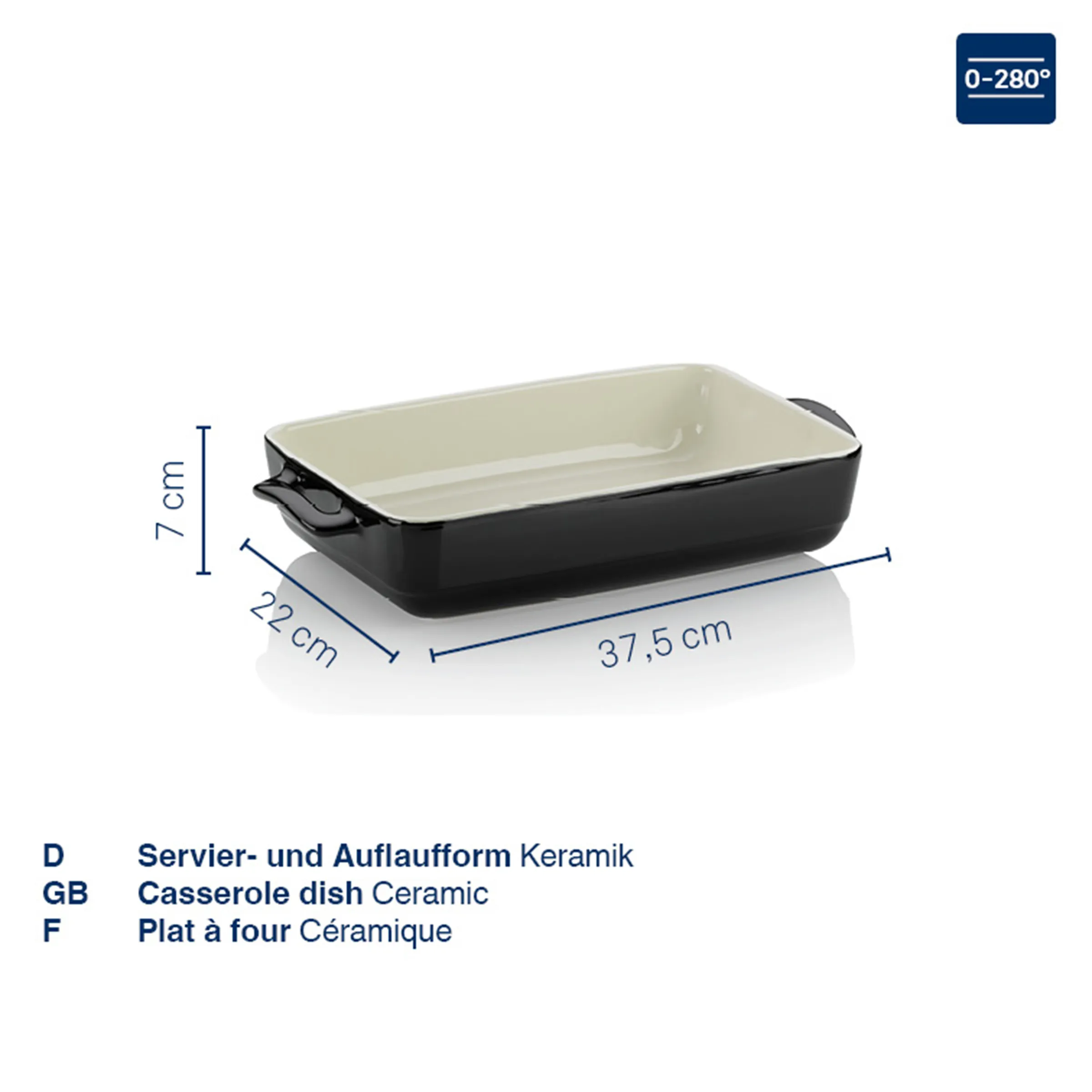 Keramik Auflaufform schwarz 37,5 cm Servier- und Auflauffom Schwarze Keramik-Auflaufform mit cremefarbenem Innenglasur, Griffe an den Seiten, Maße: 37,5 x 22 x 7 cm, drehbar bis 280°