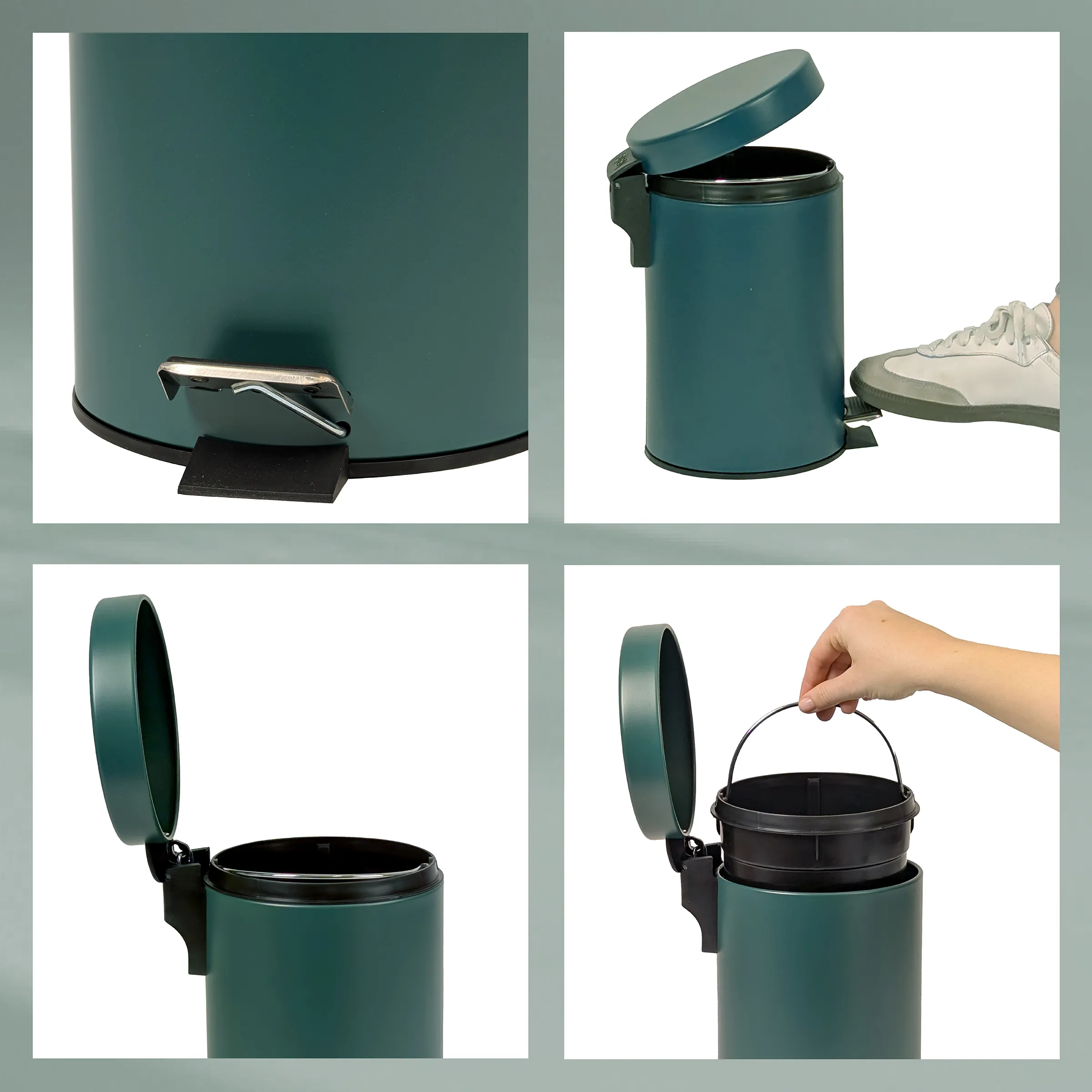 Treteimer grün 20 Liter Mülleimer mit Pedal Grüner Treteimer mit schwarzem Deckel und Inneneimer in vier Ansichten: Detailansicht des Pedals, geöffneter Deckel, seitliche Ansicht und Inneneimer.
