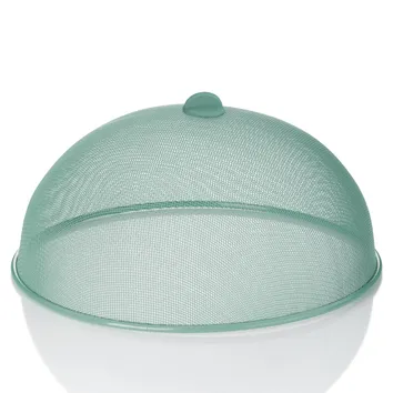 Grüne Schutzhaube aus Netzstoff mit Knopf oben und breitem Rand für Lebensmittel