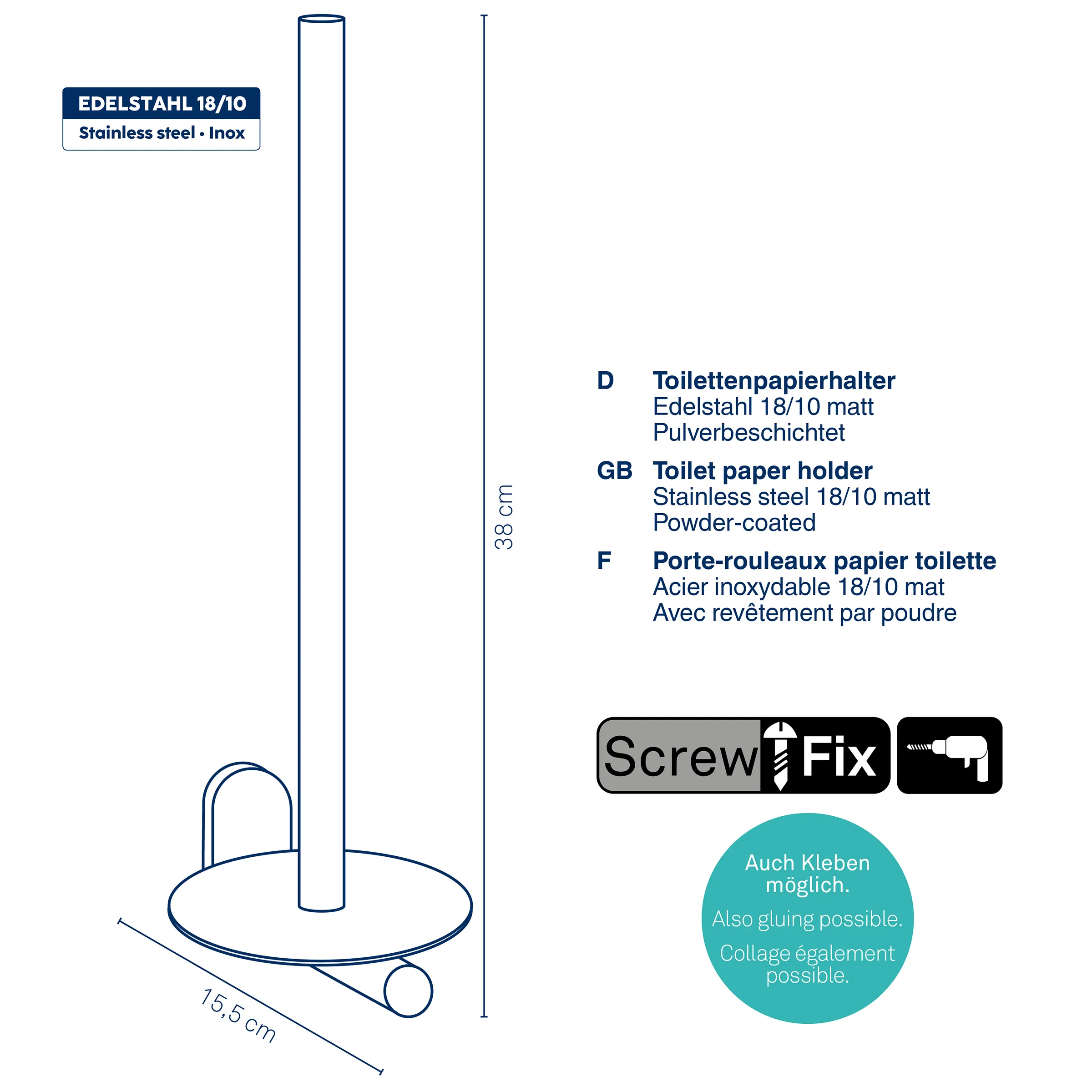 Toilettenpapierhalter Edelstahl 18/10 matt - Stehend Toilettenpapierhalter aus Edelstahl 18/10 mit runder Basis, 38 cm Höhe, pulverbeschichtet matt
