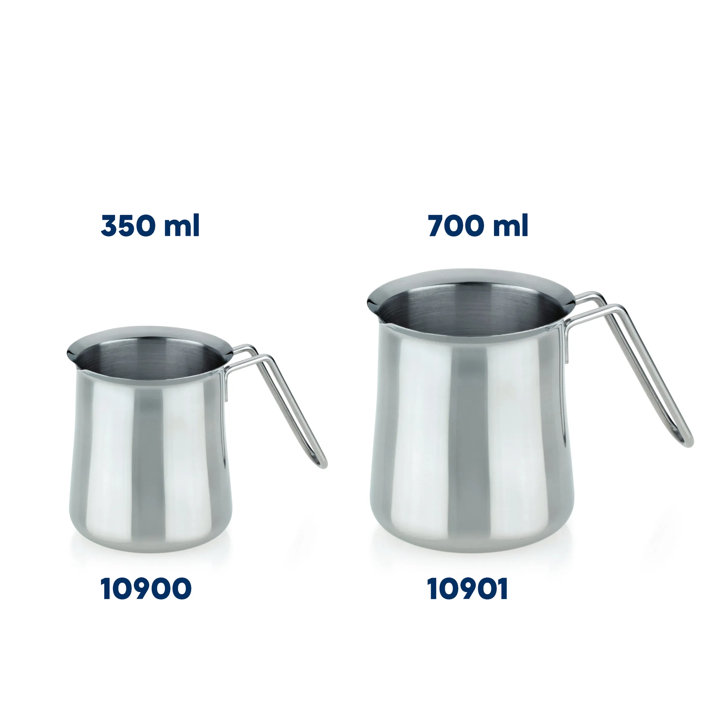 Edelstahlkannen 350ml und 700ml Milchkännchen Zwei Edelstahlkannnen nebeneinander: 350 ml Modell 10900 und 700 ml Modell 10901 mit Griffen