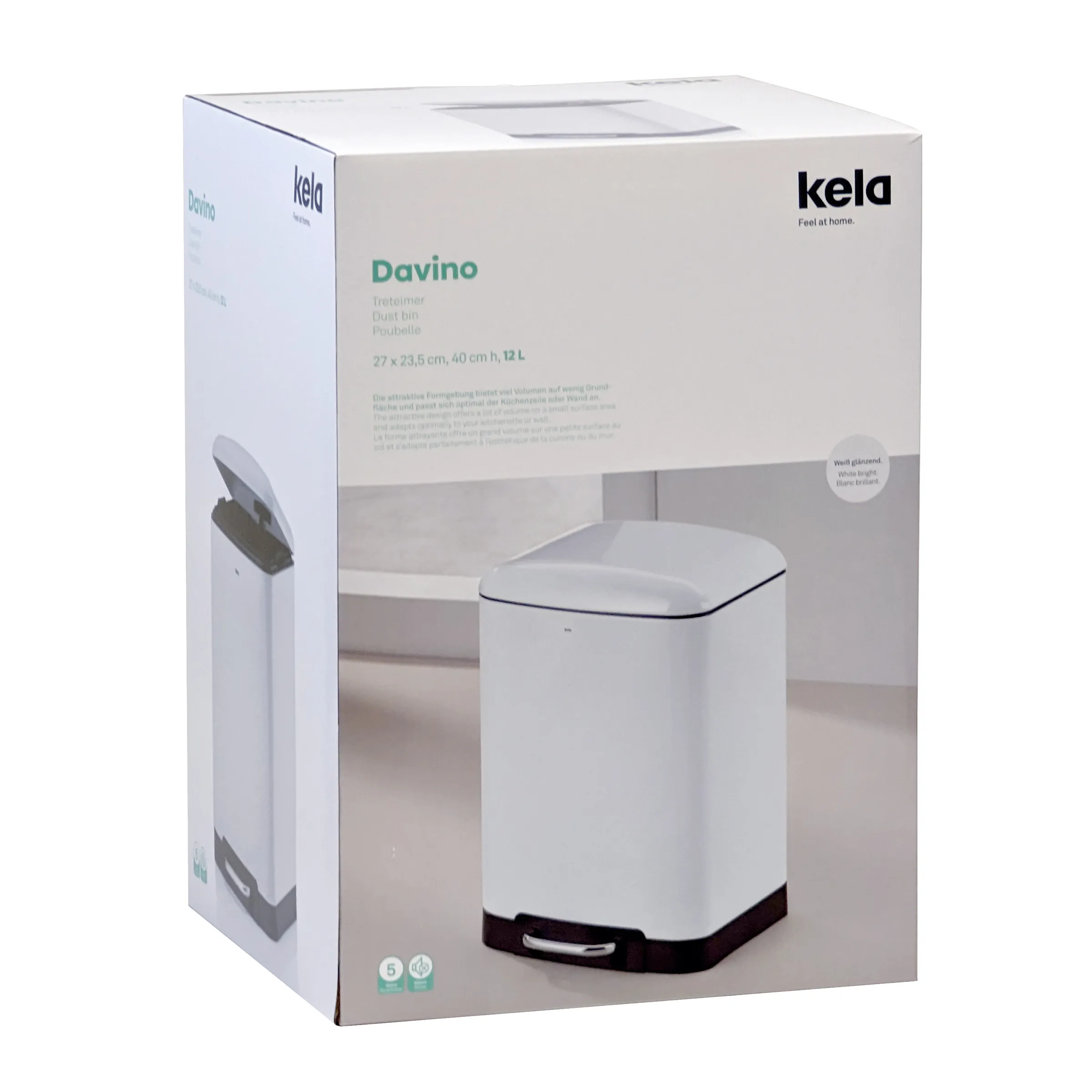 Kela Davino Treteimer 12 Liter Weiß - Moderner Abfalleimer mit Pedal Kela Davino Treteimer 12L in weiß mit Pedal, modernes Design für Bad oder Küche in Produktverpackung