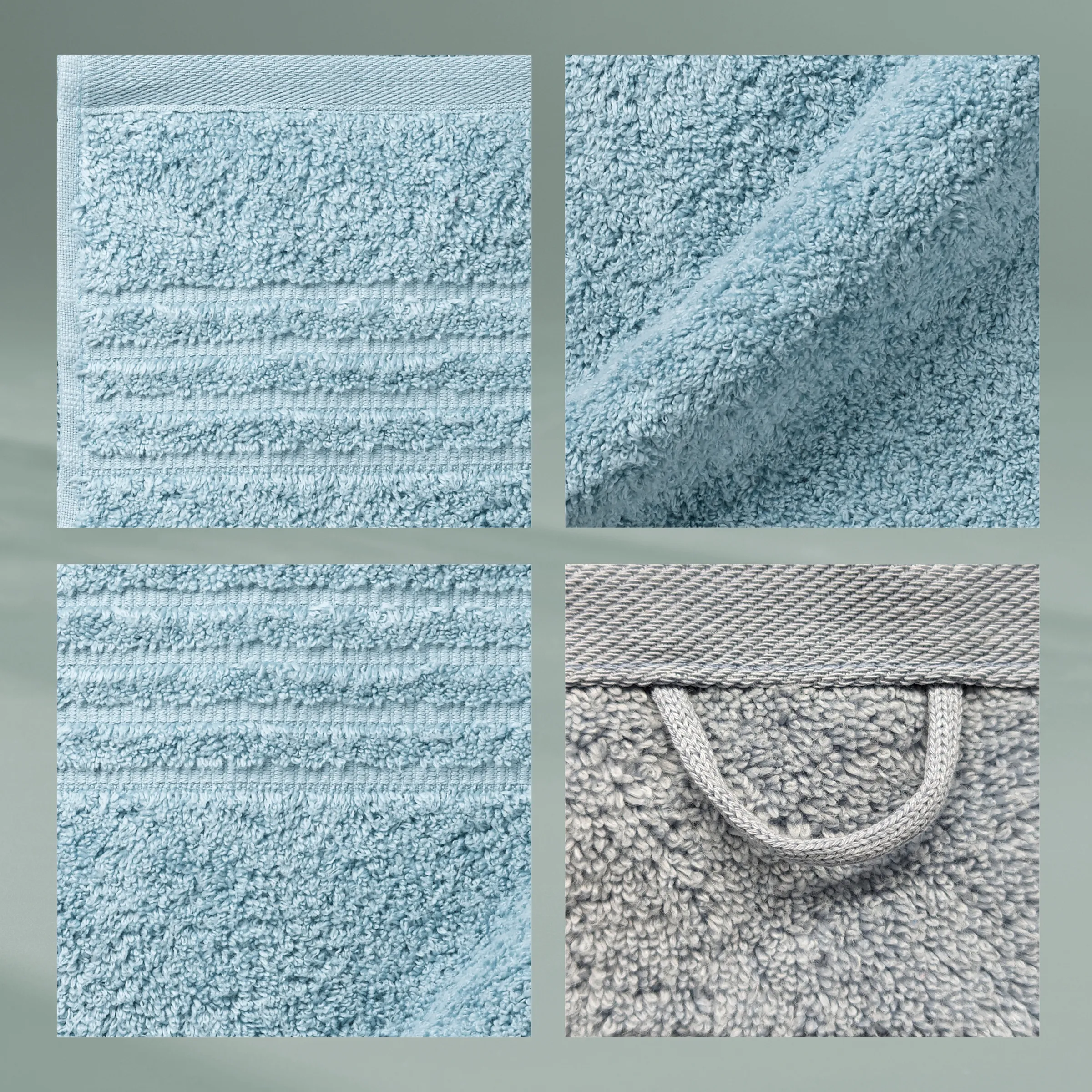 Frottiertücher hellblau grau mit Streifen - Handtücher Badtextilien Detail Hellblaue und graue Frottiertücher mit Streifen und Henkel in verschiedenen Detailansichten