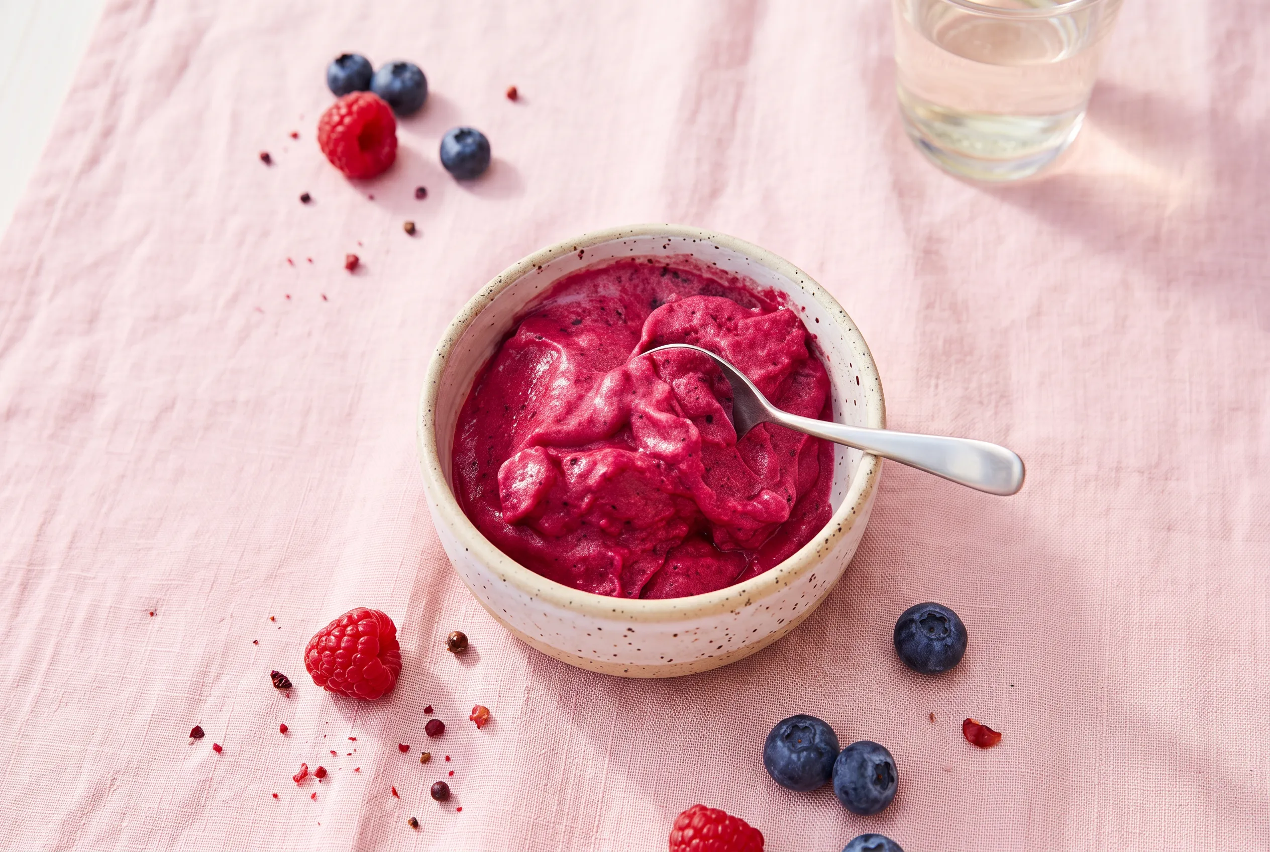 Beerenpüree Rezept - Himbeeren und Blaubeeren Rosa Schüssel mit rotem Beerenpüree, garniert mit Himbeeren und Blaubeeren auf rosa Tuch