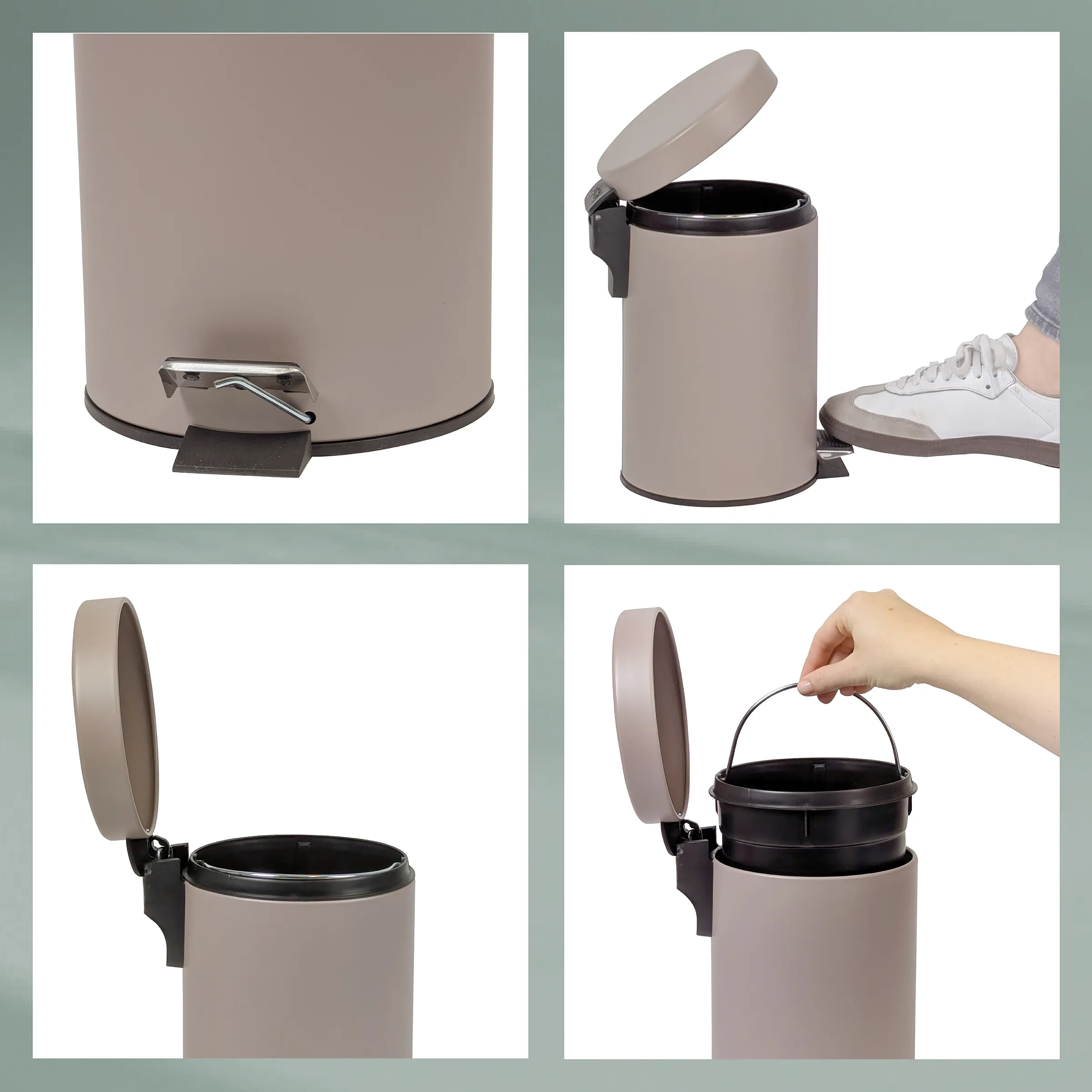 Treteimer mit Fußpedal und herausnehmbarem Inneneimer - Mülleimer beige Beigefarbener Treteimer mit Fußpedal und herausnehmbarem Inneneimer, verschiedene Ansichten und Funktionen