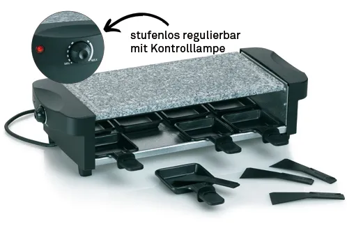 Raclette Grill mit Naturstein und Temperaturregelung Raclette-Grill mit Natursteingrillfläche, stufenlos regelbarem Thermostat und Kontrollleuchte sowie schwarzem Kunststoffgehäuse